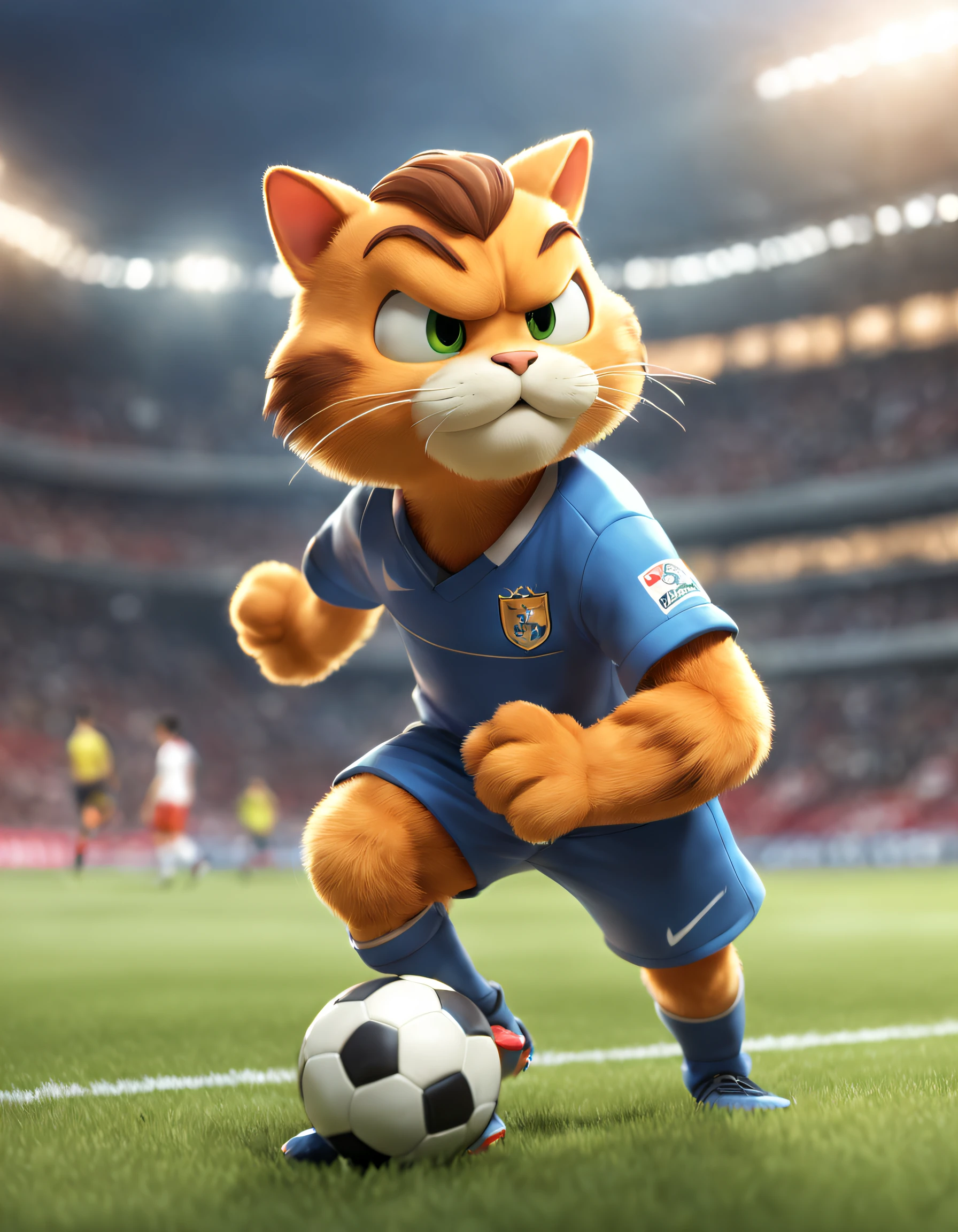 style of anime, motionblur, ray traycing,,tmasterpiece, super detailing, high detal, high high quality, Award-Awarded, A high resolution, 8K，
 (There is a Garfield playing football), （Shooting action：1.37）, Wearing red tracksuit and shorts,blue soccer shoes，with a round face，（exaggerated serious expression）, Battle expressions, Hairy beard,， penalty kick，（long brown tail：1.0），Thick brown hair，Hair is soft and shiny，Eyes like two twinkling stars，sparkling and smart，The ears are large，Shaped like two elegant triangles，Inside is soft beige hair，The color of the inside of the ear contrasts with the fur，The beard is long and soft， 
Background with： football match scene，Football goal， 3D, Cartoonish, Produced by Pixar, kawaii, anthropomorphic turtle，comic strip，