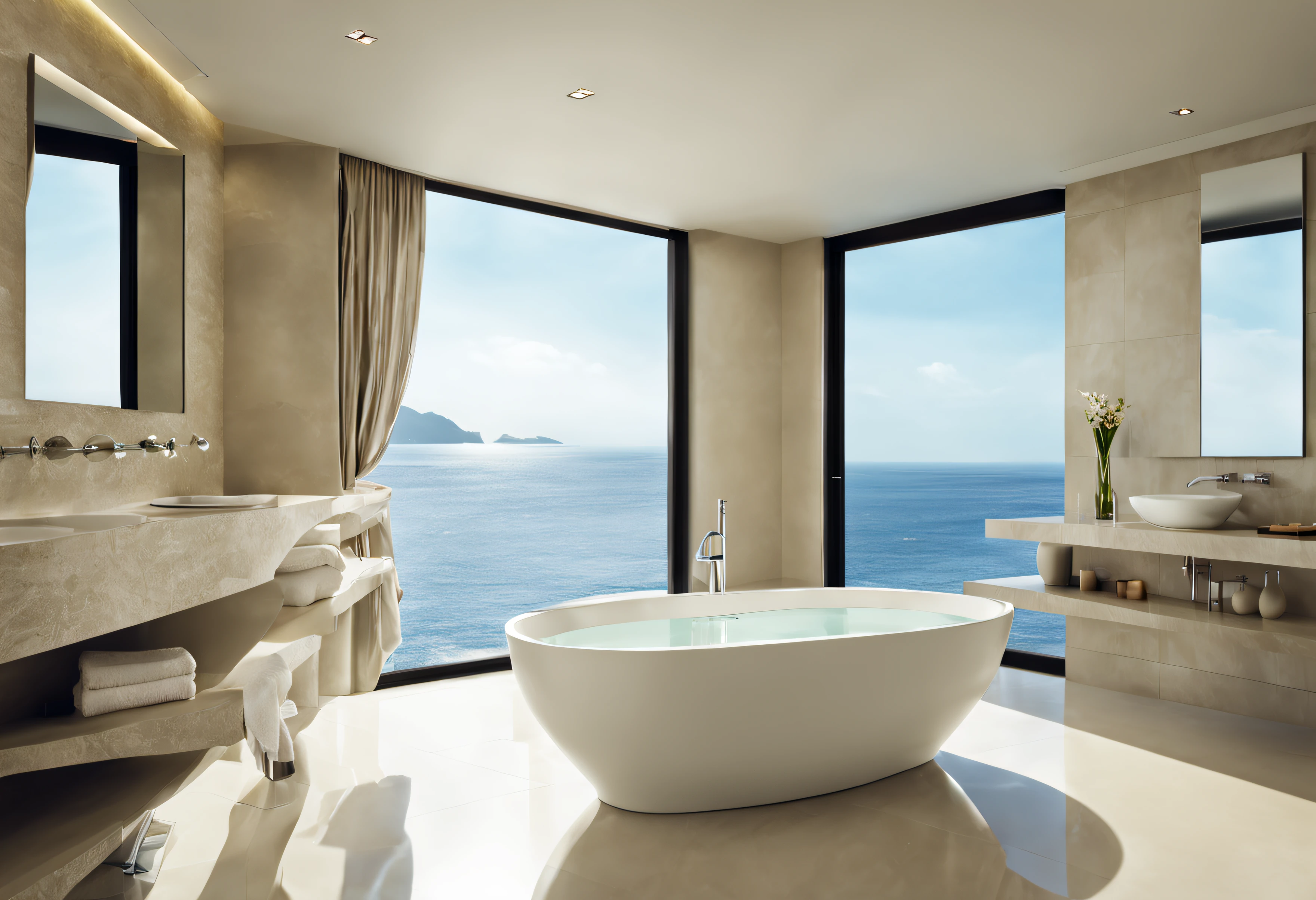 Need bathroom scene picture,Bathroom has glass window,Amazing sea view,Bathrooms need bathtubs,loo,washbasin,Bathroom towel scene minimalist,Main color is natural color