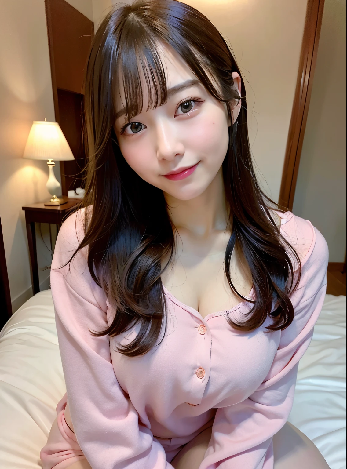 (8K、Raw photography、top-quality、masterpiece:1.2)、(realisitic、Photorealsitic:1.37)、ultra-detailliert、
1人、30's female solo、sitting on、blush of the nose)、seducting smile、profetional lighting、Sony A7R4、Zessie 50mm f1.8、
long、Beautiful Detail Eye、Floating hair、large full breasts、Selfie shots、Selfie、selfee、wearing pajama、on the beds、Sexy clothes