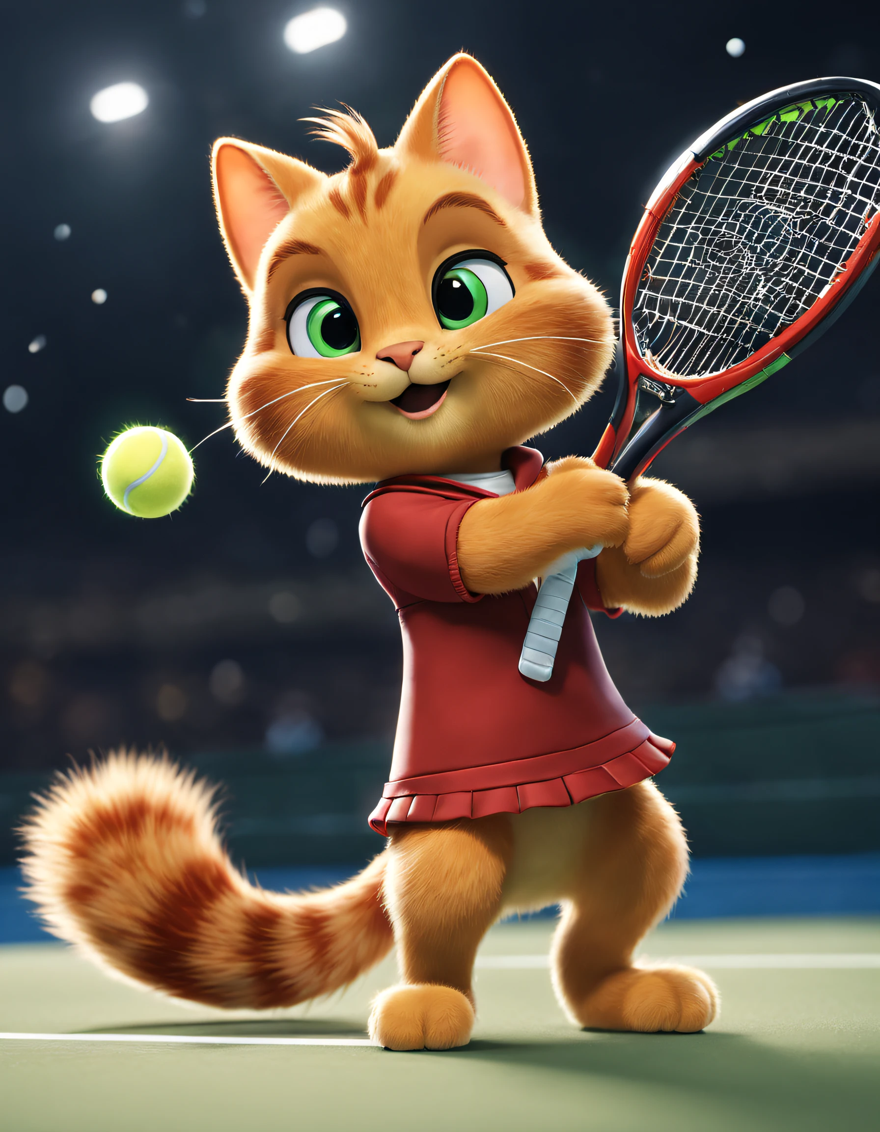 (There is a Garfield cat playing tennis), （waving a tennis racket：1.37）, Hitting action，（A tennis ball：1.1），Garfield playing tennis， （Round face），（There are bows on the ears：0.8），（Wearing red tennis uniform and red skirt），（Wearing beautiful makeup）， （long brown tail），soft and looks big，（Teeth are white and straight），Thick brown hair，Hair is soft and shiny，Eyes like two twinkling stars，sparkling and smart，There is a hint of mischief and humor in the corners of the eyes，The ears are large，Shaped like two elegant triangles，Inside is soft beige hair，The color of the inside of the ear contrasts with the fur，The beard is long and soft，Like four delicate ears of wheat，With his cheeks swaying，Exaggerated and proud expression, largeeyes, long eyelasher，
Background with： Tennis court at night，
style of anime,  ray traycing, tmasterpiece, super detailing, high detal, high high quality, Award-Awarded, A high resolution, 8K，3D, Cartoonish, Produced by Pixar, kawaii, anthropomorphic turtle，comic strip，