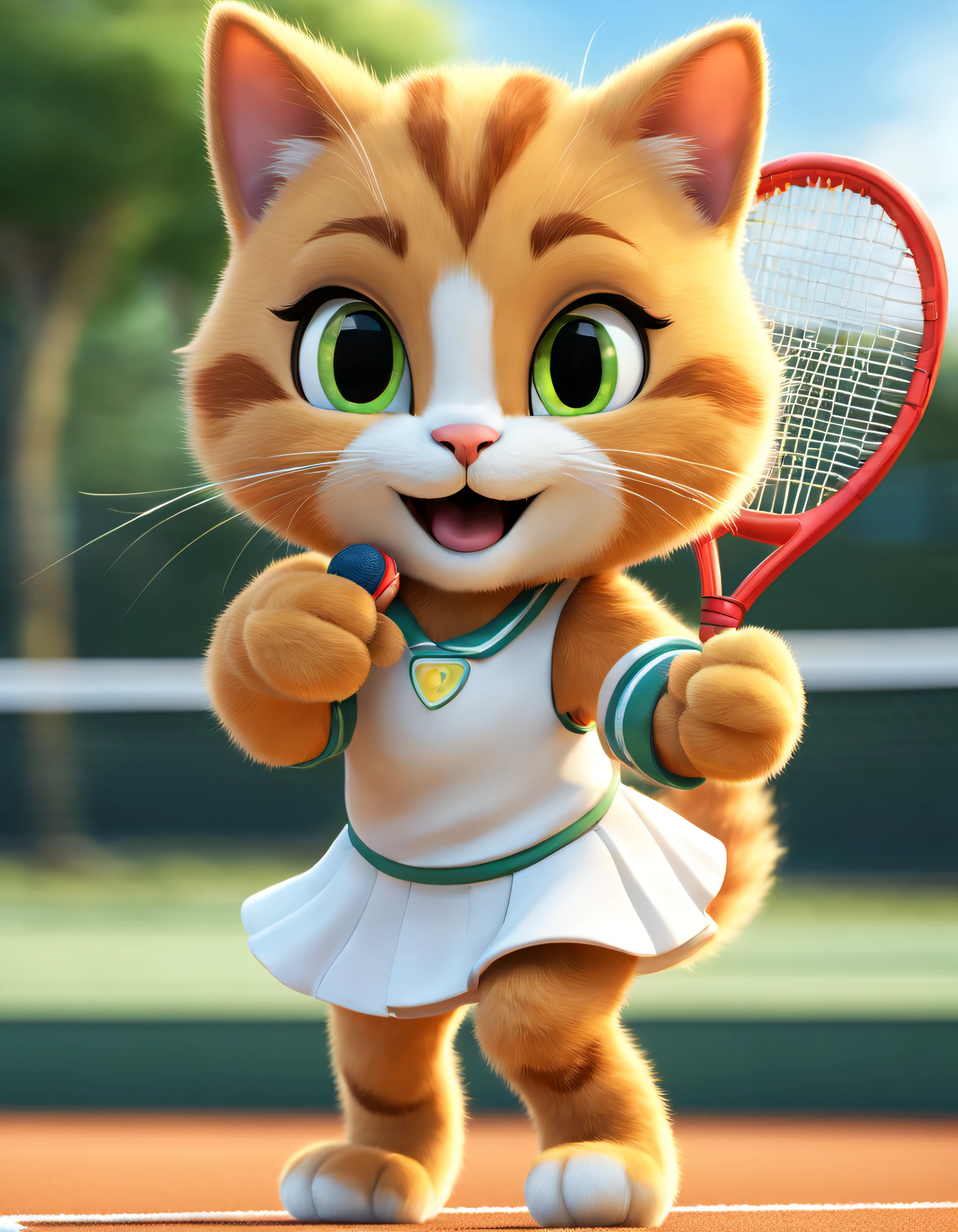 (There is a Garfield cat playing tennis), （waving a tennis racket：1.37）, Hitting action，tennis ball，Garfield playing tennis， ，（There are bows on the ears：0.8），（Wearing red tennis uniform and red skirt），（Wearing beautiful makeup）， （long brown tail），soft and looks big，（Teeth are white and straight），Thick brown hair，Hair is soft and shiny，Eyes like two twinkling stars，sparkling and smart，There is a hint of mischief and humor in the corners of the eyes，The ears are large，Shaped like two elegant triangles，Inside is soft beige hair，The color of the inside of the ear contrasts with the fur，The beard is long and soft，Like four delicate ears of wheat，With his cheeks swaying，Exaggerated and proud expression, largeeyes, long eyelasher，
Background with： Tennis court at night，
style of anime,  Ray traching, tmasterpiece, super detailing, high detal, high high quality, Award-Awarded, A high resolution, 8K，3D, Cartoonish, Produced by Pixar, kawaii, anthropomorphic turtle，comic strip，