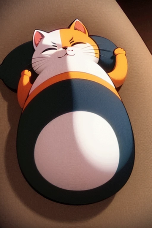 A fat orange cat it laying on a bed