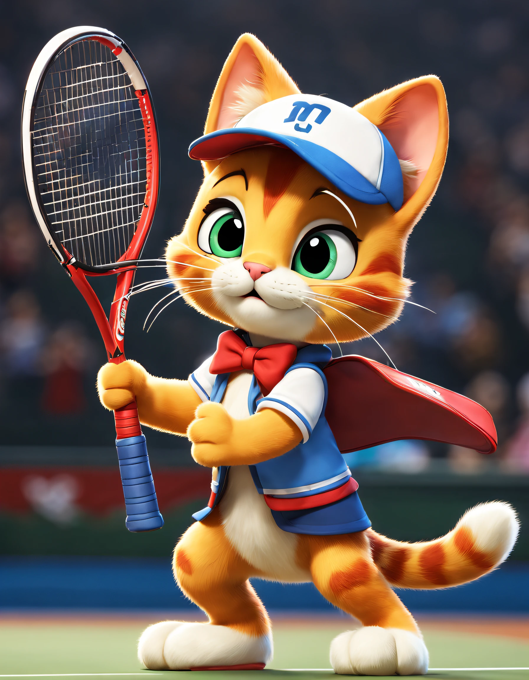 (There is a Garfield cat playing tennis), （waving a tennis racket：1.37）, Hitting action，Garfield playing tennis， （There are bows on the ears：0.8），（Wearing red tennis uniform and blue skirt），（Wearing beautiful makeup）， （long brown tail），Soft and looks big，（Teeth are white and straight），Thick brown hair，Hair is soft and shiny，Eyes like two twinkling stars，sparkling and smart，There is a hint of mischief and humor in the corners of the eyes，The ears are large，Shaped like two elegant triangles，Inside is soft beige hair。The color of the inside of the ear contrasts with the fur，The beard is long and soft，Like four delicate ears of wheat，With his cheeks swaying，Exaggerated and proud expression, largeeyes, long eyelasher，
Background with： Tennis match scene at night，
style of anime,  ray traycing, tmasterpiece, super detailing, high detal, high high quality, Award-Awarded, A high resolution, 8K，3D, Cartoonish, Produced by Pixar, kawaii, anthropomorphic turtle，comic strip，