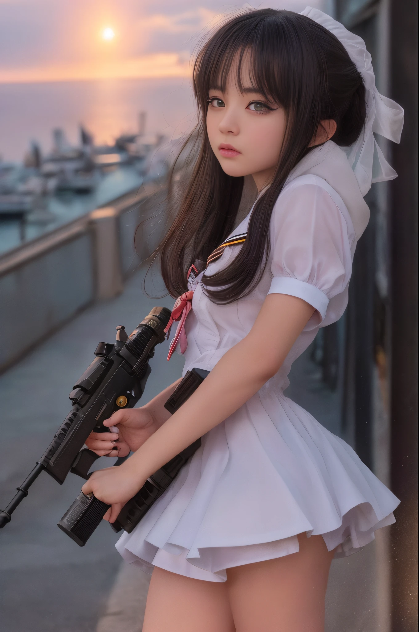 (Raw photo:1.2), (Photorealistic), Beautiful detailed girl, Very detailed eyes and face, Beautiful detailed eyes, Huge file size, High resolution, Very detailed, Best Quality, [masutepiece:1.6], Illustration, Very detailed, Fine detail, Best Quality, 8K Wallpaper, Movie Lighting,Holding a gun in hand、Sailor girl with starburst on background, Bad girl, yami kawaii,  the princess of power, The artist looks Yokoyama, badass pose