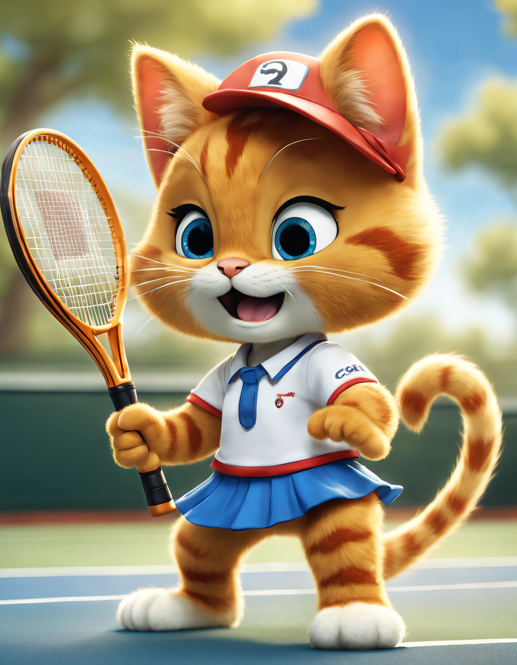 (There is a Garfield cat playing tennis), （waving a tennis racket：1.37）, Hitting action，Garfield playing tennis， （There are bows on the ears：0.8），（Wearing red tennis uniform and blue skirt），（Wearing beautiful makeup）， （long brown tail），Soft and looks big，（Teeth are white and straight），Thick brown hair，Hair is soft and shiny，Eyes like two twinkling stars，sparkling and smart，There is a hint of mischief and humor in the corners of the eyes，The ears are large，Shaped like two elegant triangles，Inside is soft beige hair。The color of the inside of the ear contrasts with the fur，The beard is long and soft，Like four delicate ears of wheat，With his cheeks swaying，Exaggerated and proud expression, largeeyes, long eyelasher，
Background with： Tennis match scene at night，
style of anime,  ray traycing, tmasterpiece, super detailing, high detal, high high quality, Award-Awarded, A high resolution, 8K，3D, Cartoonish, Produced by Pixar, kawaii, anthropomorphic turtle，comic strip，