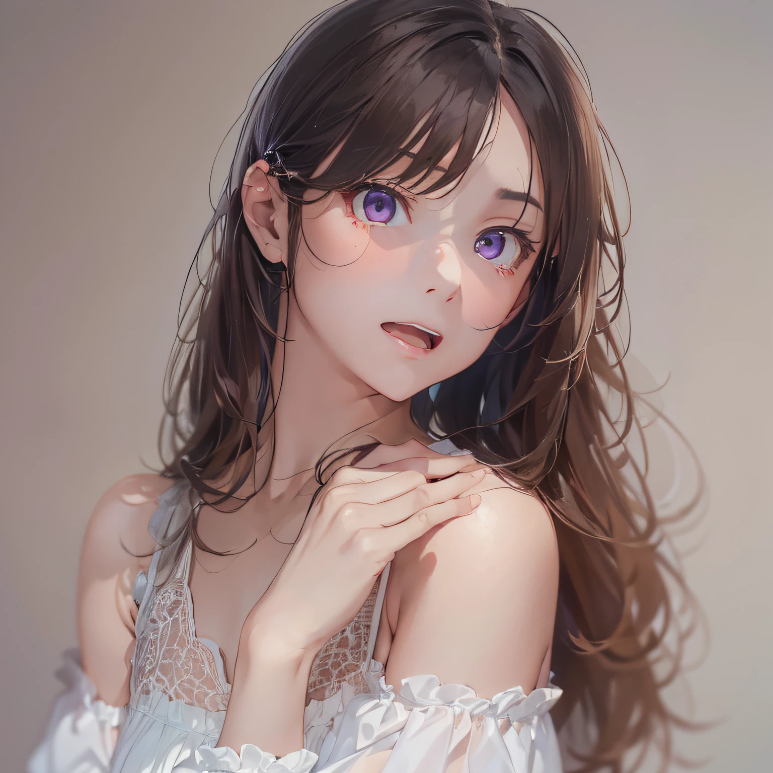 masterpiece、top-quality、(brown colored long hair、I have bangs:1.1)、25 year old woman with purple eyes、Wearing a white off-the-shoulder blouse、(emphasis on the chest:1.1)、(Embarrassed expression:1.3)、(Staring:1.5)、(Close-up of the subject's face:1.3)、is standing、five perfect and beautiful fingers、Place the camera above the subject、The background is a cake shop、Bold composition、Upper body is shown、Alone
