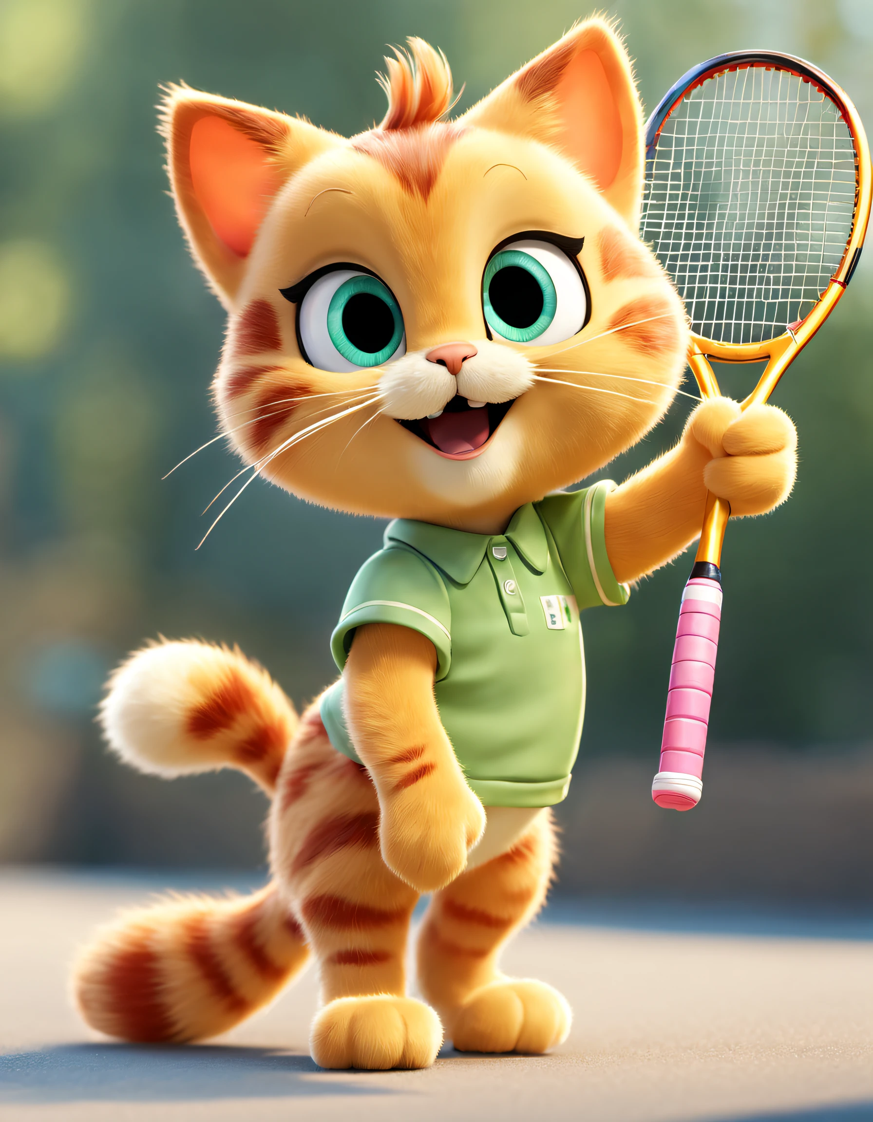 (There is a Garfield cat playing tennis), （waving a tennis racket：1.37）, Hitting action， （With bows on ears：0.8），（Wearing red tennis uniform and blue skirt），（Wearing beautiful makeup）， （long brown tail），White and straight teeth，Thick brown hair，Hair is soft and shiny，Eyes like two twinkling stars，sparkling and smart，There is a hint of mischief and humor in the corners of the eyes，The ears are large，Shaped like two elegant triangles，Inside is soft beige hair。The color of the inside of the ear contrasts with the fur，The beard is long and soft，Like four delicate ears of wheat，With his cheeks swaying，Exaggerated and proud expression, largeeyes, long eyelasher，，The tail is hairy，It looks very soft，Shaped like a slender brush，give people a pleasant feeling。His tail is very flexible，Can be bent into various shapes，used to express his emotions and attitudes，
Background with： tennis match scene，
style of anime,  ray traycing, tmasterpiece, super detailing, high detal, high high quality, Award-Awarded, A high resolution, 8K，3D, Cartoonish, Produced by Pixar, kawaii, anthropomorphic turtle，comic strip，