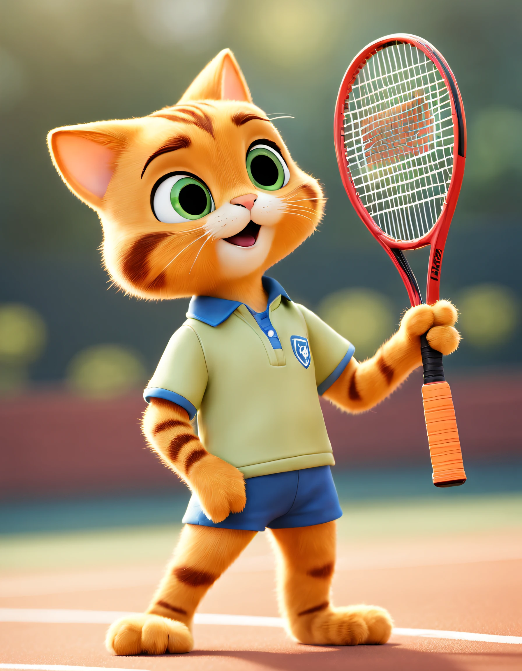 (There is a Garfield cat playing tennis), （waving a tennis racket：1.37）, Hitting action， （With bows on ears：0.8），（Wearing red tennis uniform and blue skirt），（Wearing beautiful makeup）， （long brown tail），White and straight teeth，Thick brown hair，Hair is soft and shiny，Eyes like two twinkling stars，sparkling and smart，There is a hint of mischief and humor in the corners of the eyes，The ears are large，Shaped like two elegant triangles，Inside is soft beige hair。The color of the inside of the ear contrasts with the fur，The beard is long and soft，Like four delicate ears of wheat，With his cheeks swaying，Exaggerated and proud expression, largeeyes, long eyelasher，，The tail is hairy，It looks very soft，Shaped like a slender brush，give people a pleasant feeling。His tail is very flexible，Can be bent into various shapes，used to express his emotions and attitudes，
Background with： tennis match scene，
style of anime,  ray traycing, tmasterpiece, super detailing, high detal, high high quality, Award-Awarded, A high resolution, 8K，3D, Cartoonish, Produced by Pixar, kawaii, anthropomorphic turtle，comic strip，