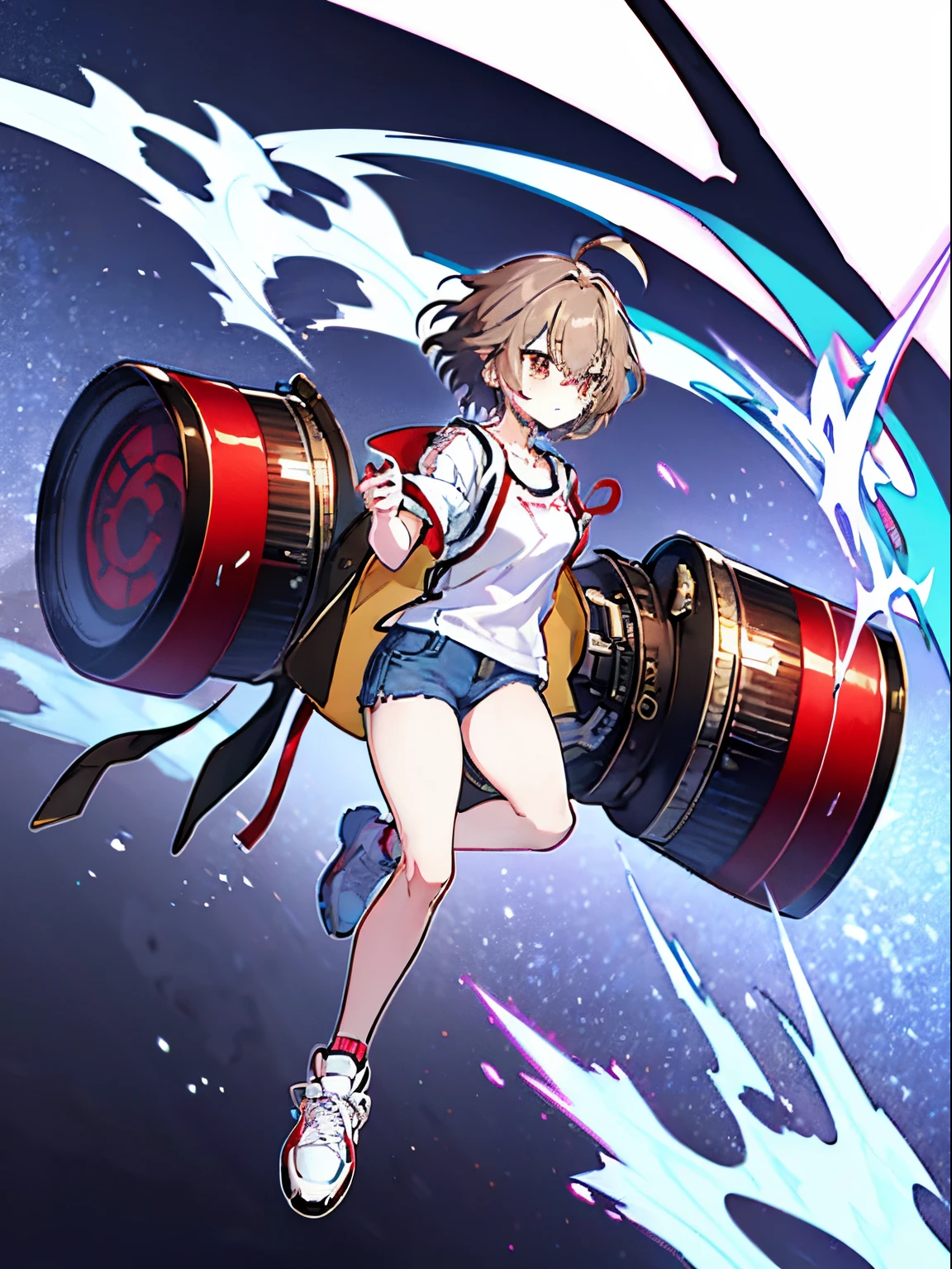 (masterpiece), best quality, expressive eyes, perfect face, anime girl with brown hair and white shirt and light brown techwear jacket, open jacket, red straps on brown vest, techwear outfit, cream jacket with red straps, techwear, anime moe artstyle, mihoyo art style, female protagonist 👀 :8, ahoge, short hair, brown hair, anime profile pic, anime style character, female protagonist, dynamic pose, profile picture, white shirt with red kanji symbol, dark techwear jeans, bangs, sidelocks, (insane sneakers, black and white sneakers), flat chested
