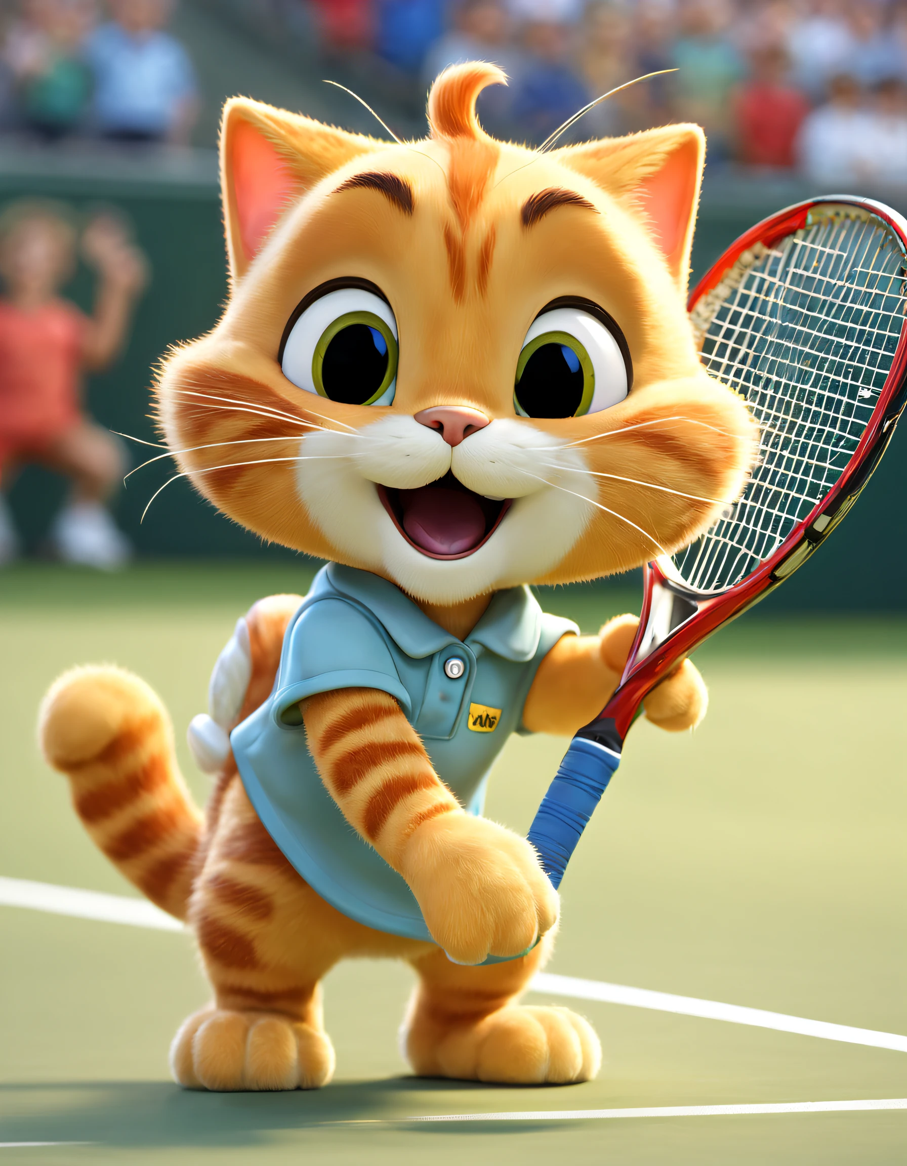 (There is a Garfield cat playing tennis), （waving a tennis racket：1.37）, Hitting action， （With a bow），Thick brown hair，Hair is soft and shiny，Eyes like two twinkling stars，sparkling and smart，There is a hint of mischief and humor in the corners of the eyes，The ears are large，Shaped like two elegant triangles，Inside is soft beige hair。The color of the inside of the ear contrasts with the fur，The beard is long and soft，Like four delicate ears of wheat，With his cheeks swaying，Wearing red tennis uniform and blue skirt,），Exaggerated and proud expression, largeeyes, long eyelasher，Wearing beautiful makeup， Background with： tennis match scene，
style of anime,  Ray traching, tmasterpiece, super detailing, high detal, high high quality, Award-Awarded, A high resolution, 8K，3D, Cartoonish, Produced by Pixar, kawaii, anthropomorphic turtle，comic strip，