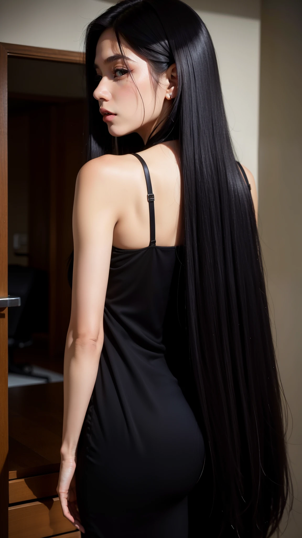 (Full Body Shot:1)　((Random poses showing as much back and hair as possible:1.8))　((Beautiful 24-year-old hair model with long black hair, girl with super length Hair, extremely length Hair, extra length Hair, very long, Flowing Hair, very length Hair, length Hair girl, very long, Flowing black hair, length Hair windy, Very long black hair, length, Flowing Hair,Amazingly long hair that lasts forever, length Hair!!!!　Her highest quality hair is long and straight., very long, highest quality black hair, length hair in the center, Highest quality long straight hair, length, straight, beautiful, High quality hair, length and free black highest quality straight hair, length Hair, length and straight, highest quality black hair, Perfect silky straight hair of the highest quality, straight, highest quality black hair, length black straight hair, length, Thin black hair　Her hair is long and straight, very long black hair, length hair in the center, length straight hair, length, straight, beautiful hair of the highest quality, length Hair, length, straight black hair, length and free straight black hair, straight black hair))　(Her bangs are perfect.:1.3)　(Pure white wall background:1.8. Upper body photo from the knees up)　(Japan&#39;s most sexy and beautiful hair model)　(She looks at the viewer with a very seductive expression.....)　((highest quality)), ((masterpiece)), (Familiar)　(Get used to it)　Perfect Face　　(Her skin is a typical Japanese skin color..、And very detailed)　　(Big Breasts:1.3)　(She is wearing a beautiful shiny white camisole.:1.I&#39;Wear 2)　(She has a beautiful face and a typical Japanese figure...., Narrow eyes)　(She has perfect beautiful makeup and face　Lipstick is light red　A solid eyeliner)　((Rich 1.4))　(Extremely detailed 8K)　(Ultra-fine skin texture 1.4)　(Actual, Vibrant:1.4), double eyelid　Sharp focus:1.2、Beautiful woman:1.4　Dynamic Lighting　(Genuine RAW photos taken by professional photographers)　　A professional shines on her hair.　(She has a bright and cheerful face)　　(((途方もなくlengthBlack hair 1.3)))　(length, Shiny black hair, その女性はlengthBlack hairをしている, lengthBlack hair, Waist-length hair, very lengthBlack hair, thick shining black hair, black silky hair, length and shiny hair, lengthBlack hair, length, Flat Hair　Ridiculously long hair, Black shiny hair, Very shiny, Abnormally long hair, 厚く輝く異常にlengthBlack hair,Jet black silky hair　Her hair is とてもlength and straight　length, Voluminous black hair that reaches down to her waist　異常にlengthBlack hair, 異常にlengthBlack hair, とてもlengthBlack hair)　(Japan&#39;Sexiest 24 year old women)　((highest quality)), ((masterpiece)), Perfect Face　(The bangs are neatly trimmed like a princess cut....)　 (Familiar), Perfect Face　(Extremely detailed 8K)　(Her skin is a typical Japanese skin tone and body type and is very 詳細.)　(Big Breasts)　Dynamic Lighting　(Real photos taken by professional photographers:1.2)　(Her face is slim and dignified.., length, Narrow eyes..々Nice face)　(The room has white sheets and a canopy bed....　Calm and peaceful style, cozy treehouse bedroom, Luxury wooden cottage, Bedroom　hard morning light　Morning Glow　Clean and simple design　Flower Jungle Tree House (Flower Jungle Tree House) (Flower Jungle Tree House (Flower Jungle Tree House)) (Flower Jungle Tree House (Flower Jungle Tree House) (Flower Jungle Tree House (Flower Jungle Tree House))), Clean design, burr