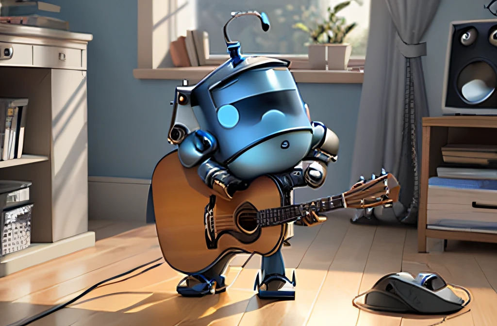 a closeup of a robot with a guitar in a room, Pixar Octane Render, Pixar. Renderizado de octanaje, 3D render estilizado, Tintoy CharacterDesign Robot, Lindo renderizado 3D, Estilizado como un renderizado 3D, Pixar renderman render, Pixar 3D animation style, Pixar 3D renderizado, 3D estilizado, Cute Pixar Character Design