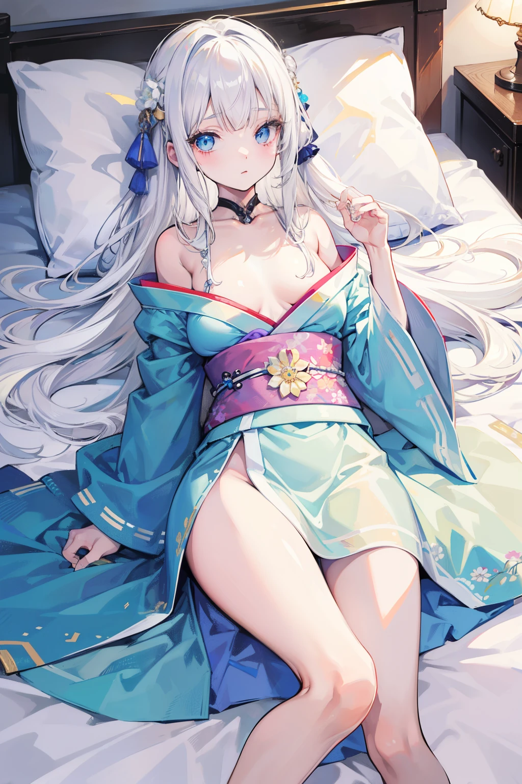 white  hair,Top image quality,teens girl,​masterpiece,de pele branca,Semi-long hair,,hime-cut,small tits,tits out,Glowing face,lyin in bed,sound sleep,Light blue kimono,,,