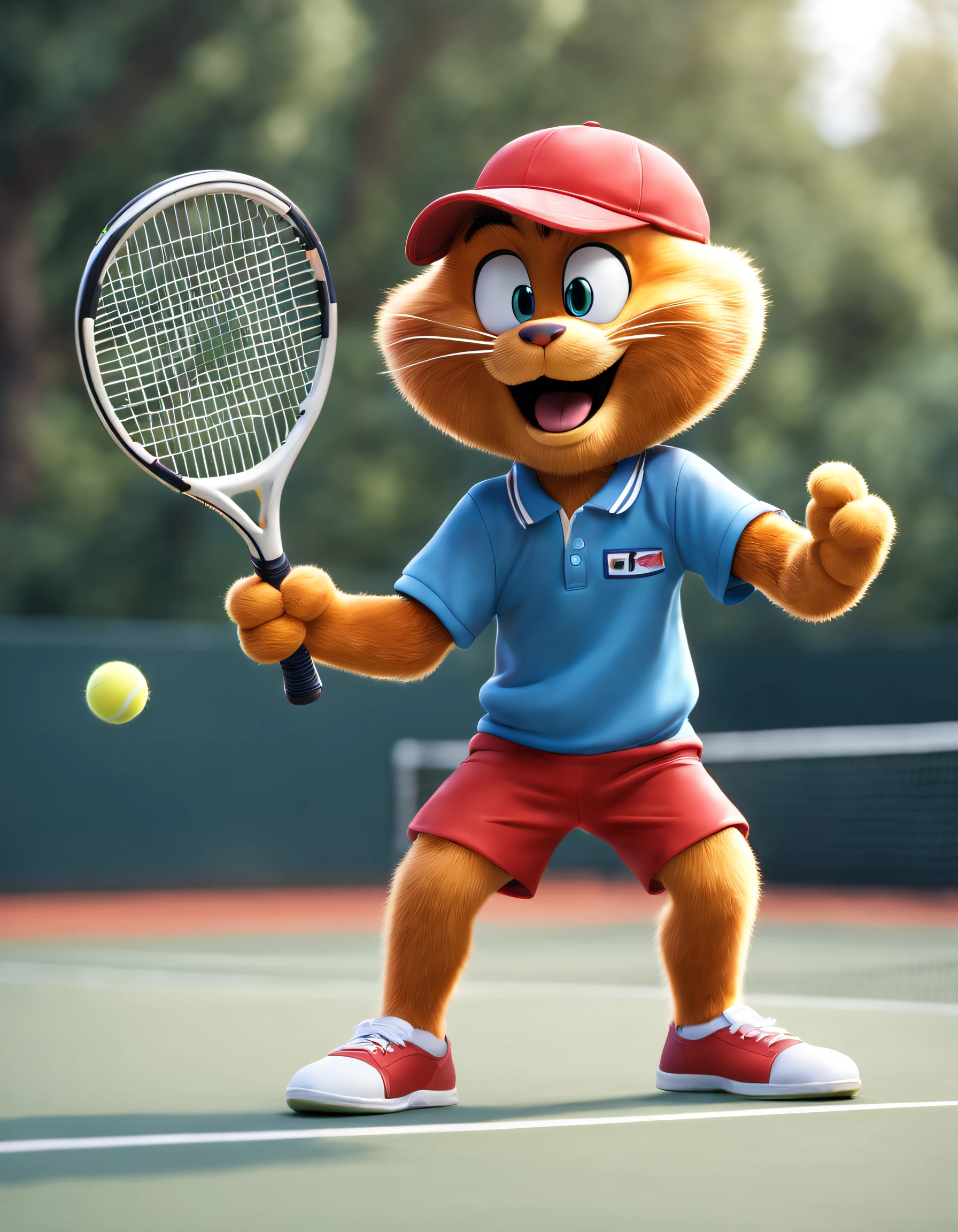 style of anime, motionblur, ray traycing, vignetting, tmasterpiece, super detailing, high detal, high high quality, Award-Awarded, A high resolution, 8K， 
(There is a Garfield playing tennis), （waving a tennis racket）, Hitting action，Wearing a red and blue tennis suit, Sporty headband，Exaggerated serious expression, largeeyes, long eyelasher，Makeup，Hairy beard,（Long tail：1.0）， Background with： Tennis match scene，
 3D, Cartoonish, Produced by Pixar, kawaii, an anthropomorphic turtle，comic strip，