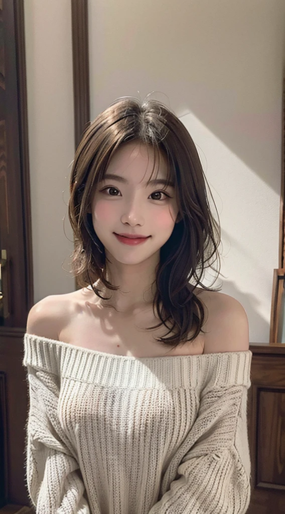 best quality, masterpiece, ultra high res, photorealistic, 1girl, offshoulder, smile, oversized_sweater, soft lighting, detailed skin,brown hair