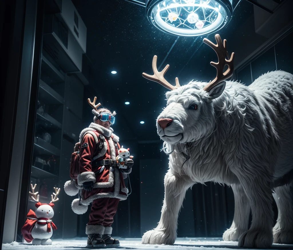 Reindeer, (blind box toy style:1.2), nuttcraker toy, (Full Body Shot) ,  1 Transparent Santa claus, Behind him is a snowman and reindeer, snowflakes, Transparent mecha, Exquisite Helmet:1.2, glowing goggles:1.2, Cyberpunk, Dreamy Glow, Luminous neon lamp, clean, white background, ( Global illumination, raytracing, HDR, unreal render,reasonable design, high detailed, masterpiece, best quality, UHD, Cinematic Lighting)