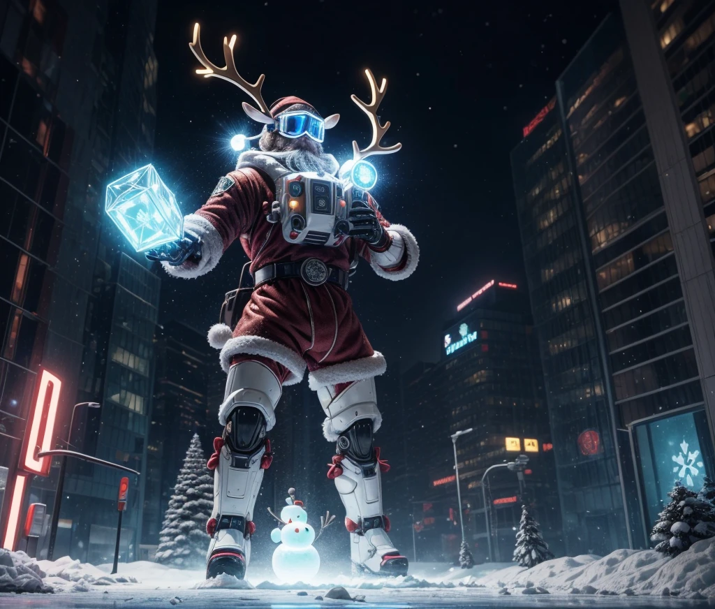 Reindeer, (blind box toy style:1.2), nuttcraker toy, (Full Body Shot) , 1 Transparent Santa claus, Behind him is a snowman and reindeer, snowflakes, Transparent mecha, Exquisite Helmet:1.2, glowing goggles:1.2, Cyberpunk, Dreamy Glow, Luminous neon lamp, clean, white background, ( Global illumination, raytracing, HDR, unreal render,reasonable design, high detailed, masterpiece, best quality, UHD, Cinematic Lighting)