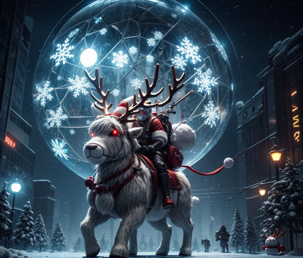 Reindeer, (blind box toy style:1.2), nuttcraker toy, (Full Body Shot) , 1 Transparent Santa claus, Behind him is a snowman and reindeer, snowflakes, Transparent mecha, Exquisite Helmet:1.2, glowing goggles:1.2, Cyberpunk, Dreamy Glow, Luminous neon lamp, clean, white background, ( Global illumination, raytracing, HDR, unreal render,reasonable design, high detailed, masterpiece, best quality, UHD, Cinematic Lighting)