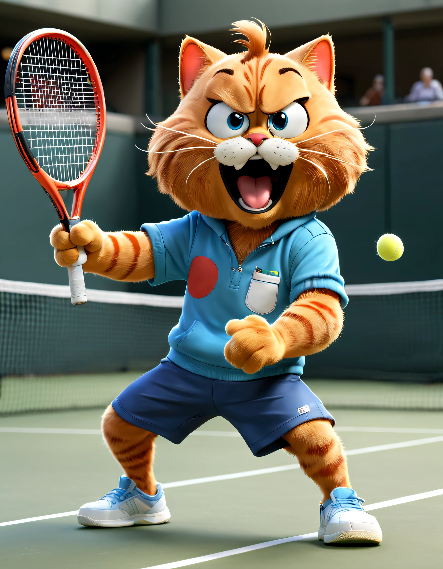 (There is a Garfield cat playing tennis), （waving a tennis racket）, Hitting action，Wearing a red and blue sweatshirt and shorts., Sweating profusely，Exaggerated cute expressions, A smug expression, largeeyes, Hairy beard,（Long tail），
Background with: Indoor tennis courts, 3D, Cartoonish, Produced by Pixar, kawaii, anthropomorphic turtle，comic strip，