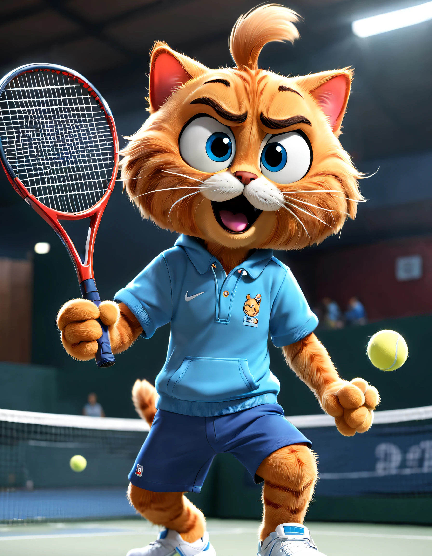 (There is a Garfield cat playing tennis), （waving a tennis racket）, Hitting action，Wearing a red and blue sweatshirt and shorts., Sweating profusely，Exaggerated cute expressions, A smug expression, largeeyes, Hairy beard,（Long tail），
Background with: Indoor tennis courts, 3D, Cartoonish, Produced by Pixar, kawaii, anthropomorphic turtle，comic strip，