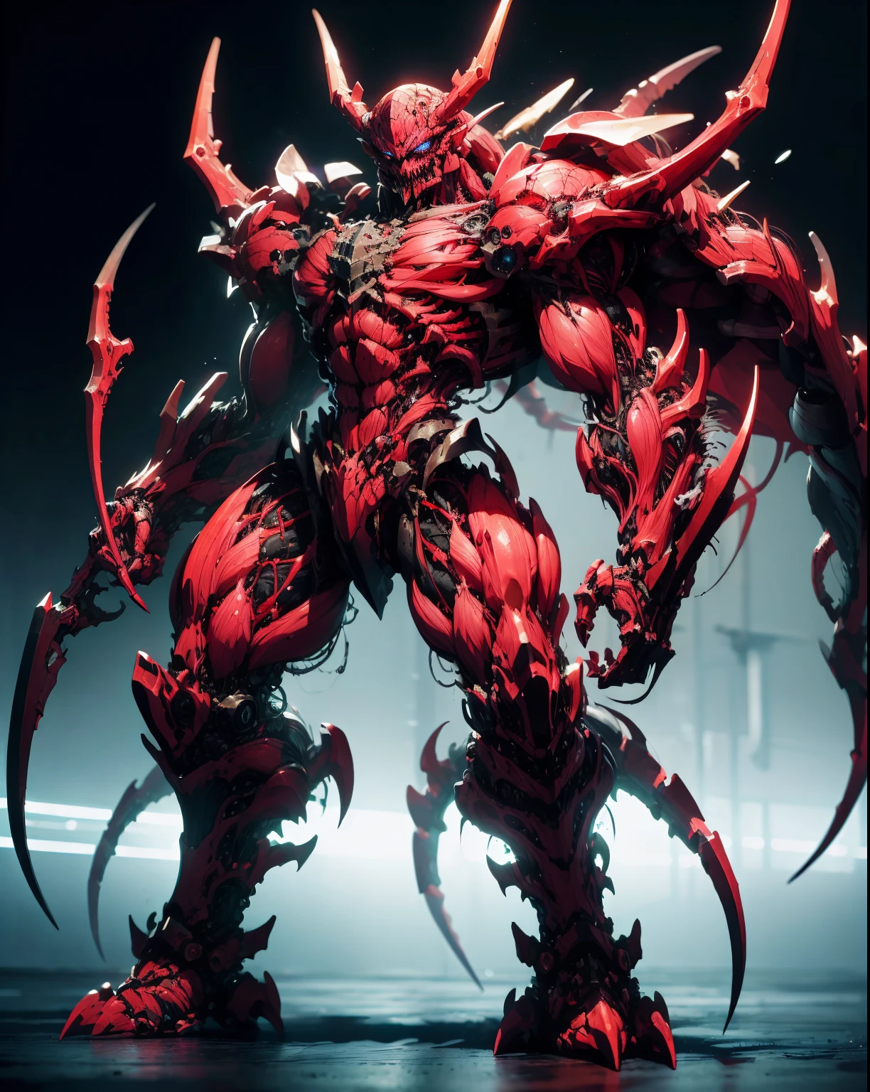 (beautiful girl face:1.25), megan fox as a beautiful vampiric girl with a muscular red carnage body, (red carnage anatomic muscular bio-mecha muscle suit:1.25), (body totally covered in muscles, veins, tendons), (perfect muscular ???????), (wide shoulders and upper body:1.25), (slim waist:1.25), (long hair:1.25), (perfect hands:1.25), (full body view:1.25)