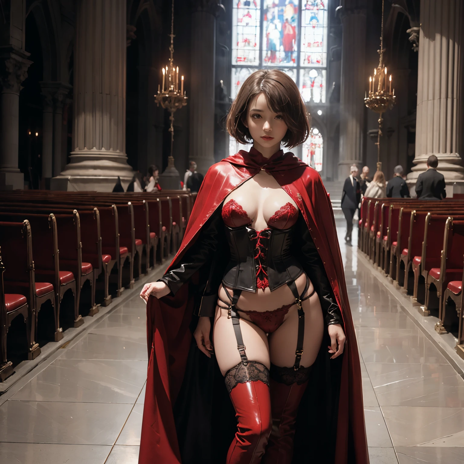 Japan maiden posing in a bright red leather corset,((small tits,well-shaped bust,slim body and constricted waist,,,,,,,,)), (((Absolute full-length images,front-facing view))),honey birdette, Bright Red Silk Bra&pantiy,Transparent Panty House、 Bright red sexy corset, Red leather bodysuit, long Leather boots, lace decoration ,(((Without cloak)))、short hair of dark chestnut color,,,,,,,,,Looking at the camera、Inside the cathedral