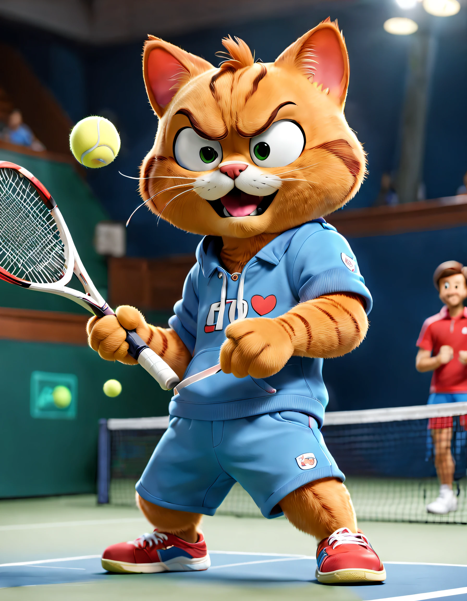 There is a Garfield cat playing tennis on the court, ,Red and blue sweatshirt and shorts, Garfield playing tennis, Hitting action, adorable expression, Background with：Tennis hall ，3d，Cartoonish，Made by Pixar，kawaii，