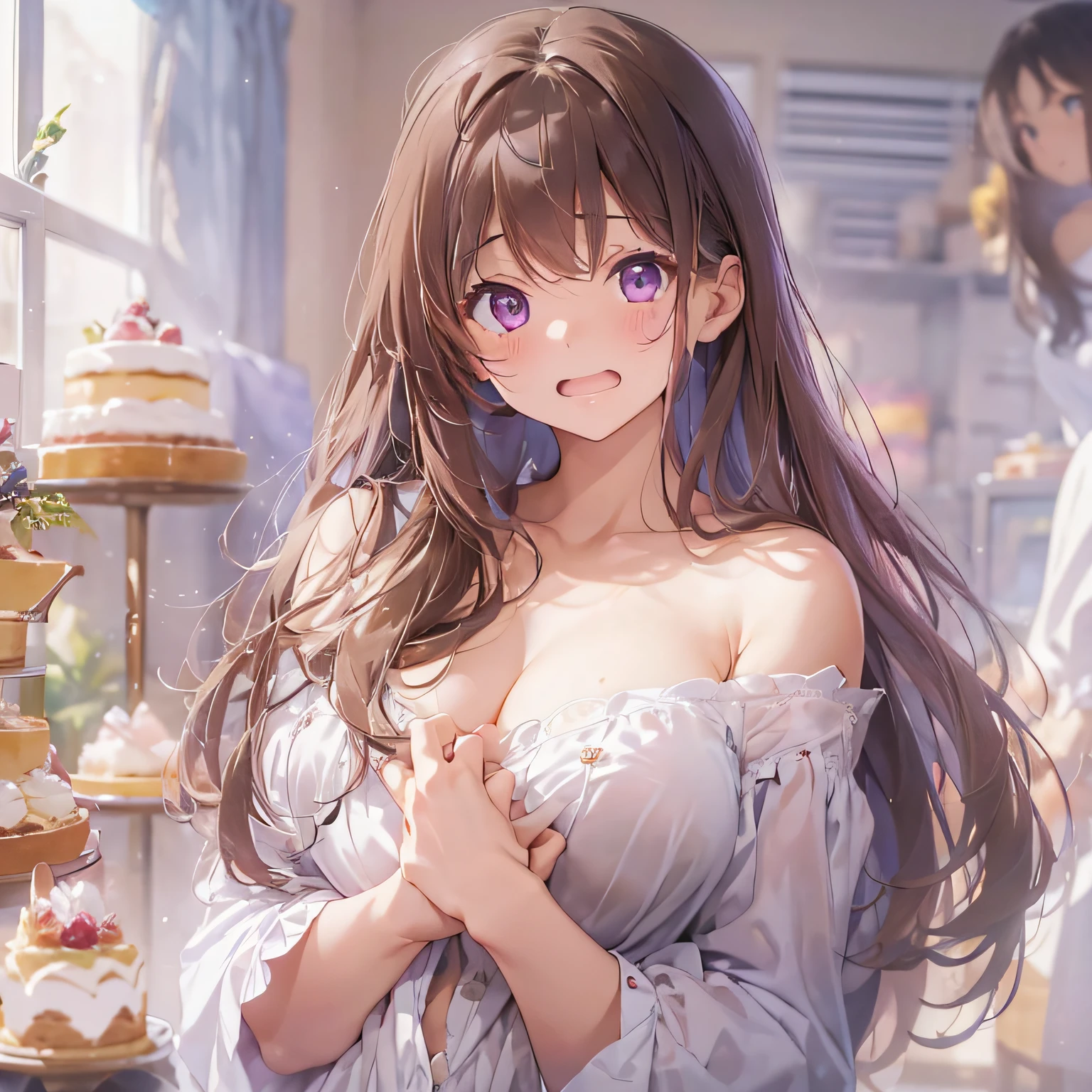 masterpiece、top-quality、(brown colored long hair、I have bangs:1.1)、25 year old woman with purple eyes、Wearing a white off-the-shoulder blouse、(emphasis on the chest:1.1)、(Embarrassed expression:1.3)、(Staring:1.5)、(Close-up of the subject's face:1.3)、is standing、five perfect and beautiful fingers、Place the camera above the subject、The background is a cake shop、Bold composition、Upper body is shown、Alone