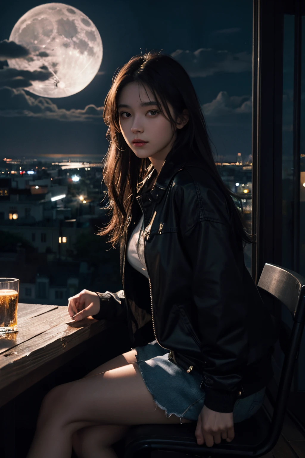 20 yr old girl, beautiful detailed eyes, full moon, sitting, dark background, moonlight, city, masterpiece, best quality, illustration,