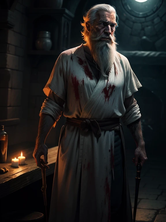 an old man with filthy white robe and long beard, scars on his face, staff, dark sorcerer, night, dark environment, darkness, fog, blood