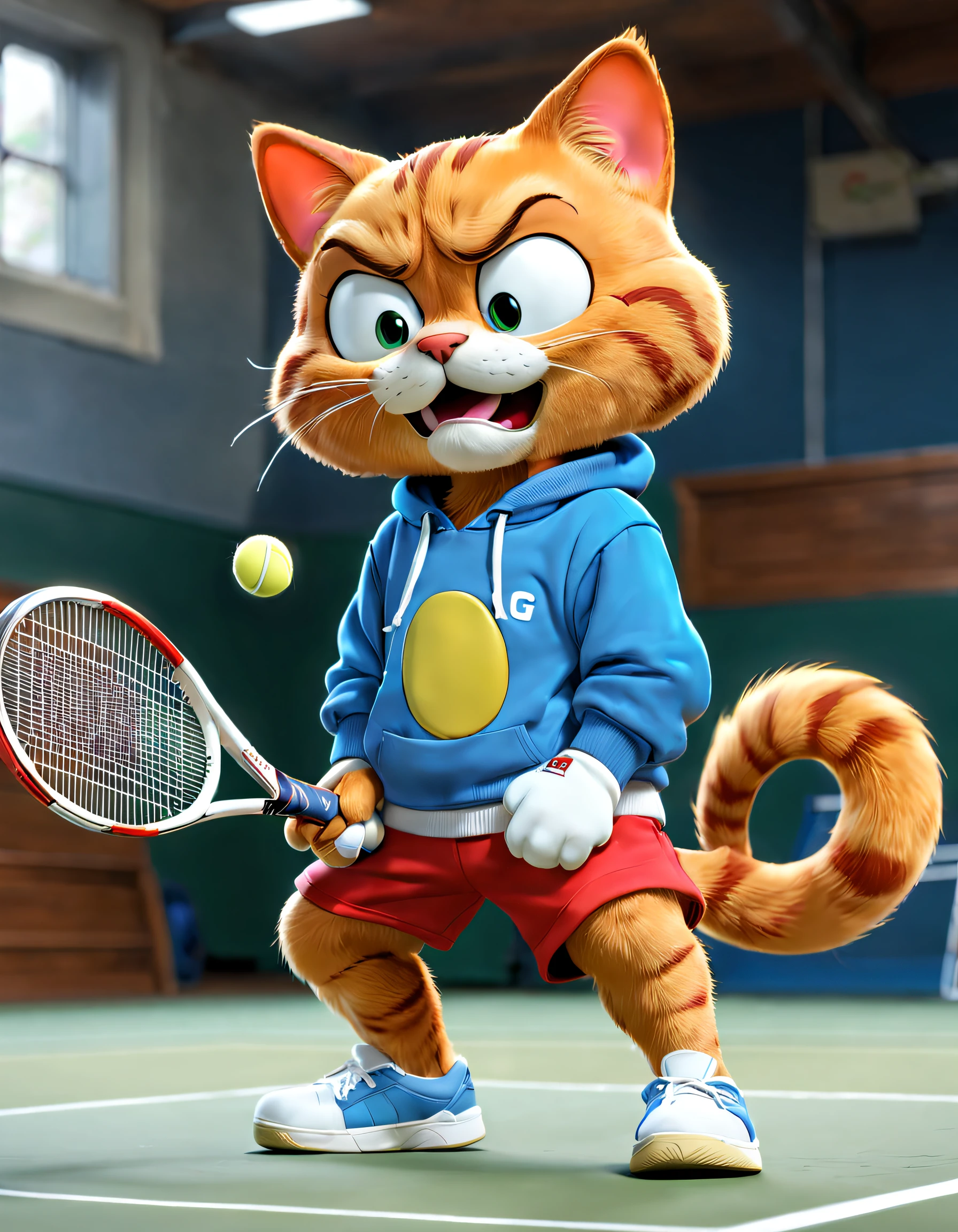 There is a Garfield cat playing tennis on the court, ,Red and blue sweatshirt and shorts, Garfield playing tennis, Hyper-realistic picture, Background with：inside in room，Tennis hall 3d，cartoony，by Pixar，kawaii，