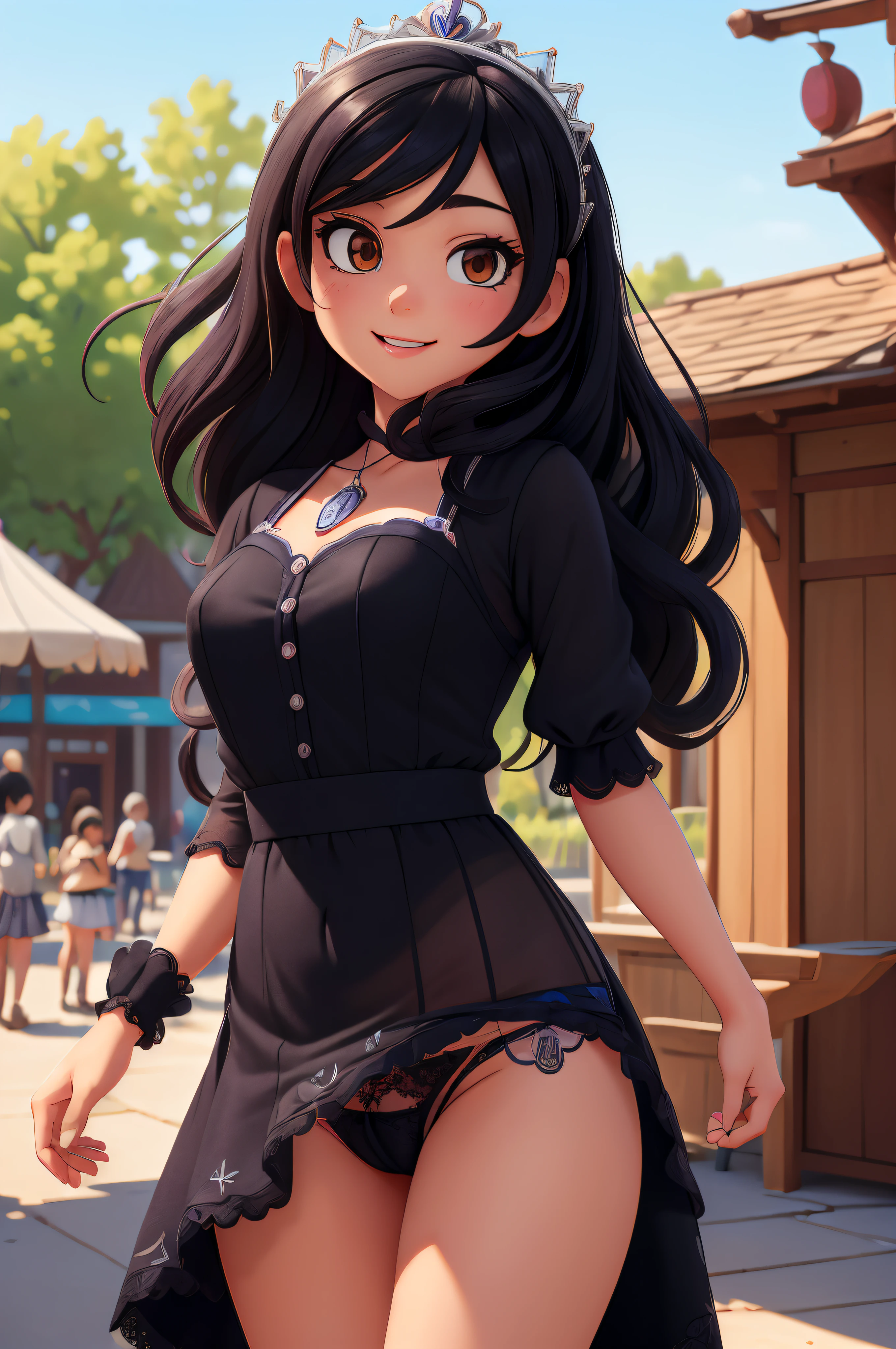 (masutepiece, Best Quality, ultra-detailliert), (high detailing, Hyper Detailed), Beautiful 25 year old girl at the amusement park, Happy, Adult female body, Small breasts, Provocative body, Black hair, Long straight hair、tome'The edges are a little dirty, Dress up like a Disney princess, Neat black dress with blue details,(Neat long skirt)、 Silver crown, Detailed face, Clear focus, Help the villagers in town (mess - house: 0.8), (masutepiece: 1.2) ( Realistic: 1.2) (Bokeh) (Best Quality) (Detailed appearance: 1.3) (Intricate details) (8K) (Eye Detail) (Sharp Focus), (Happy)、((Strong wind from below))、((up skirt))、(big panty shot)、((almost transparent lace panties))、(((Very erotic and see-through panties)))、(((Sukesuke panties)))、(((Black pubic hair grows)))、(((Pubic hair through panties)))、(((Black pubic hair is visible)))、((Realistic line))