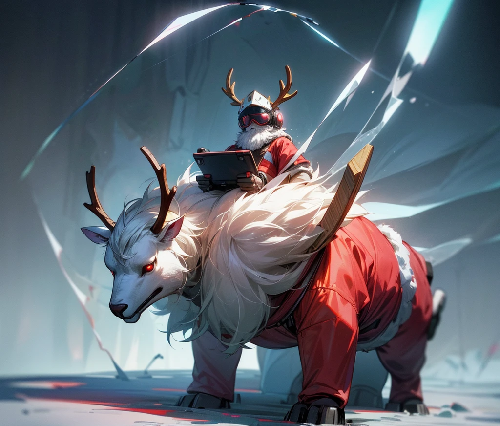 Reindeer, (blind box toy style:1.2), nuttcraker toy, (Full Body Shot) ,  1 Transparent Santa claus, Behind him is a snowman and reindeer, snowflakes, Transparent mecha, Exquisite Helmet:1.2, glowing goggles:1.2, Cyberpunk, Dreamy Glow, Luminous neon lamp, clean, white background, ( Global illumination, raytracing, HDR, unreal render,reasonable design, high detailed, masterpiece, best quality, UHD, Cinematic Lighting)