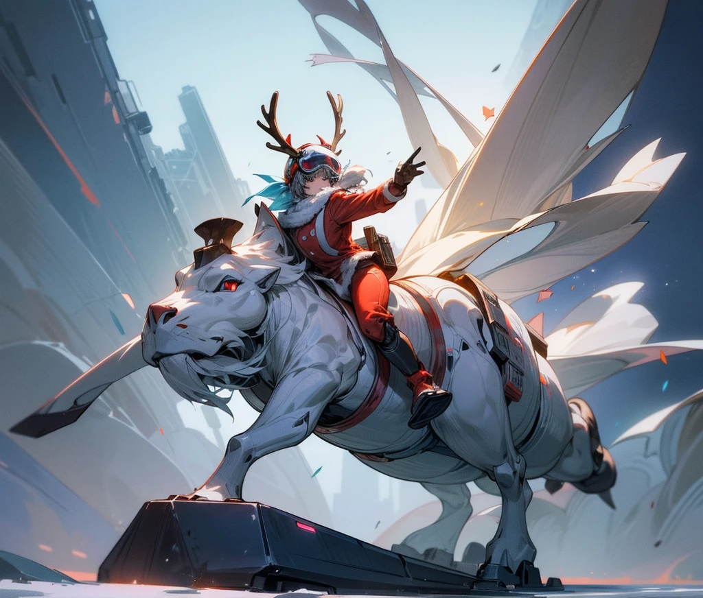 Reindeer, (blind box toy style:1.2), nuttcraker toy, (Full Body Shot) , 1 Transparent Santa claus, Behind him is a snowman and reindeer, snowflakes, Transparent mecha, Exquisite Helmet:1.2, glowing goggles:1.2, Cyberpunk, Dreamy Glow, Luminous neon lamp, clean, white background, ( Global illumination, raytracing, HDR, unreal render,reasonable design, high detailed, masterpiece, best quality, UHD, Cinematic Lighting)