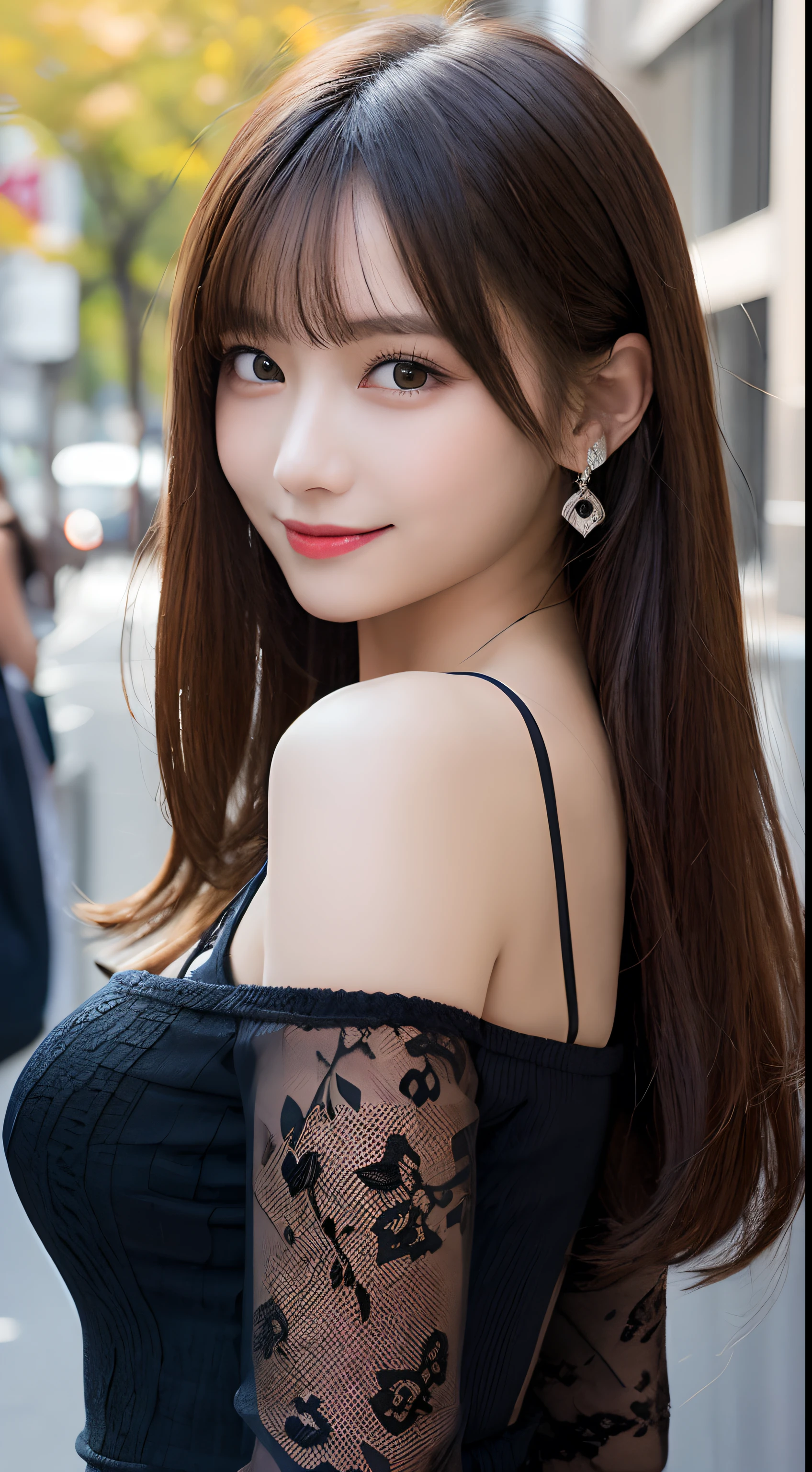 masutepiece, Best Quality, Illustration, Ultra-detailed, finely detail, hight resolution, 8K Wallpaper, Perfect dynamic composition, Beautiful detailed eyes, Women's Fashion Autumn,Straight hair,small tits,Natural Color Lip, Bold sexy poses,Smile,Harajuku、20 years girl、Cute、Sexy shot looking at camera