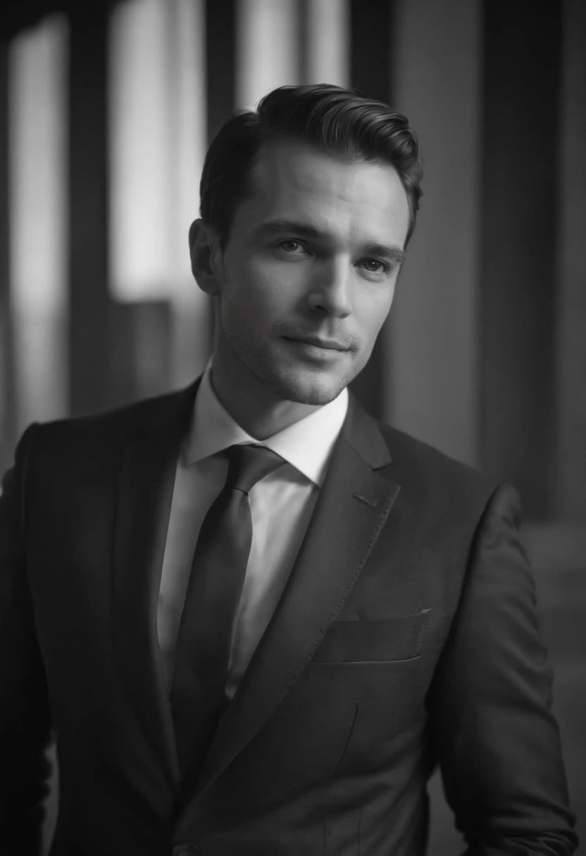 Portrait of a man in a suit, Elegant and charismatic, Has a stage backdrop, Digital SLR, monochrome, S1000 series, C3