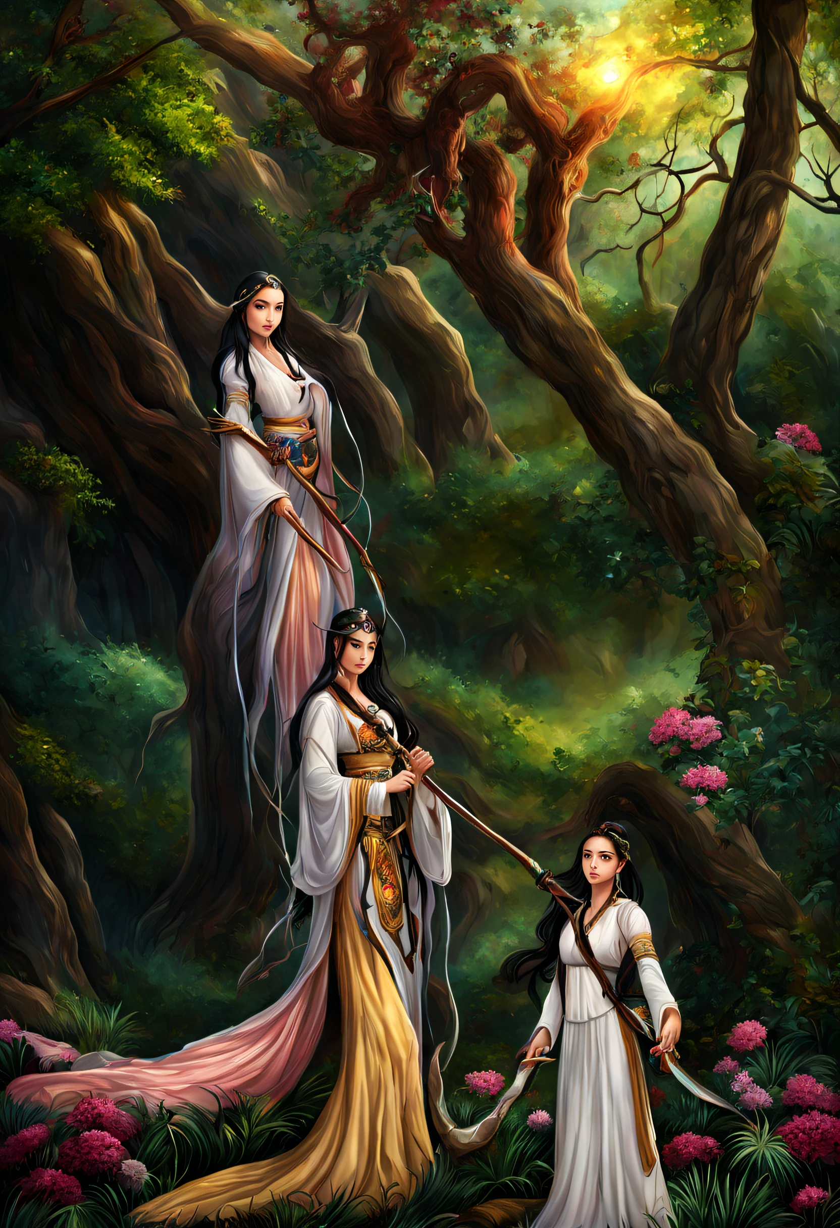 Exists in an ancient mysterious forest,The girl holding on to the power of life. She holds a spear in her hand.Her silver eyes and flowing black hair set her in stark contrast to her surroundings。The trees and flowers in the background are detailed,Blooming with brilliant colors。The silver dragon behind her exudes a majestic aura,The whole picture exudes a mysterious and ancient atmosphere。This painting is presented in ultra-high definition and realistic detail,Every detail is clearly visible,Gives people a feeling as if they can touch it。