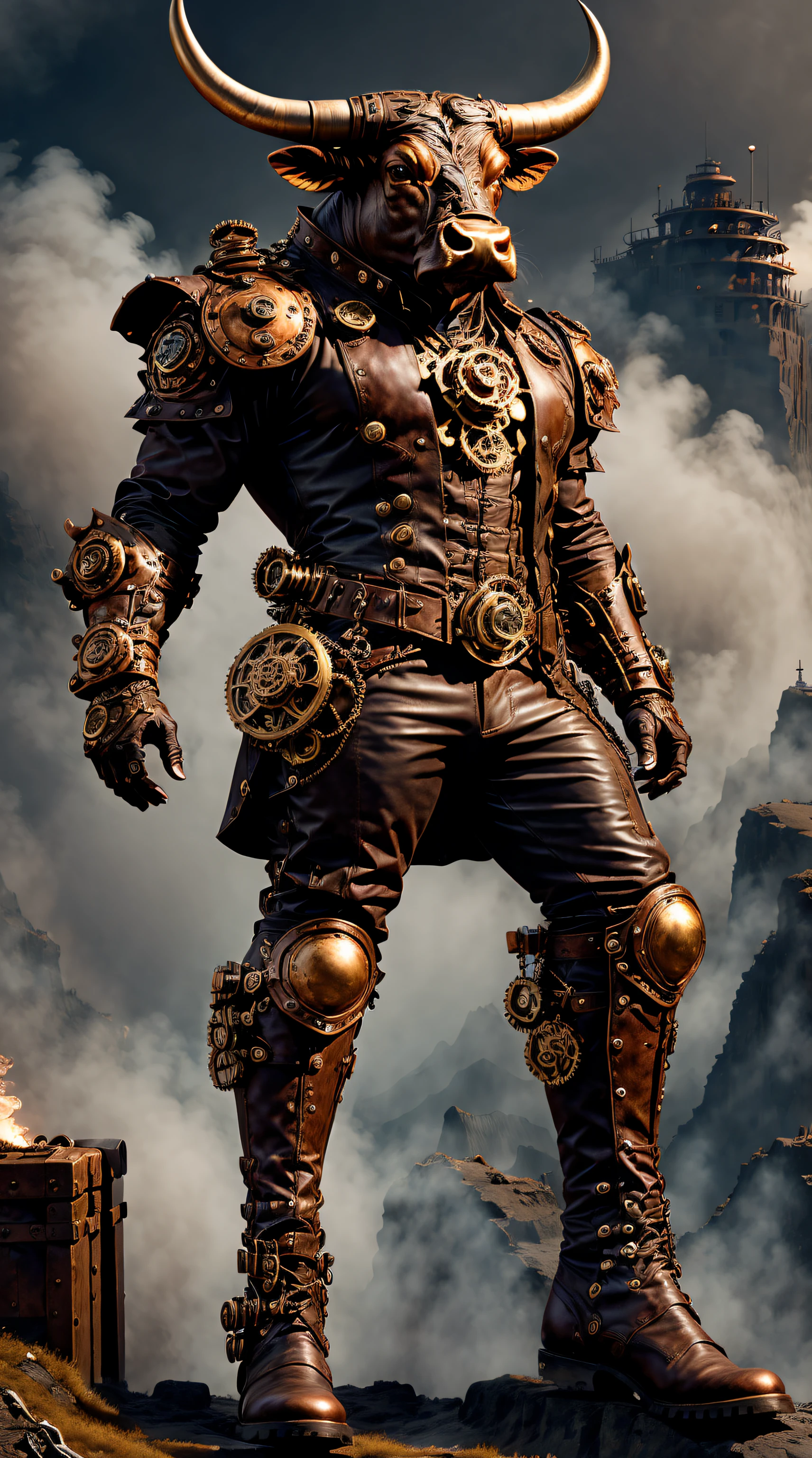 steampunc，((Anthropomorphic bull))，musculous，Steampunk clothing，Mechanical gears integrated into clothing，Intricate patterns on clothing，(sturdy leather boots)，Steam power accessories，Brass buttons and buckles、copper accents、metal arm gloves、Gears and cogs protruding from the arms、Smoke and steam emitted by characters、melancholy lighting、Dark and atmospheric background、Rusty metal texture、Vintage color palette、Tough and rugged aesthetic、Energetic posture、Art Nouveau inspiration，dramatic shadow，intricate tattoos。（best qualtiy，4k，8k，Tall structures，tmasterpiece：1.2）。