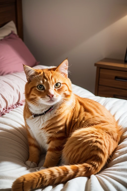 A fat orange cat is laying on a bed