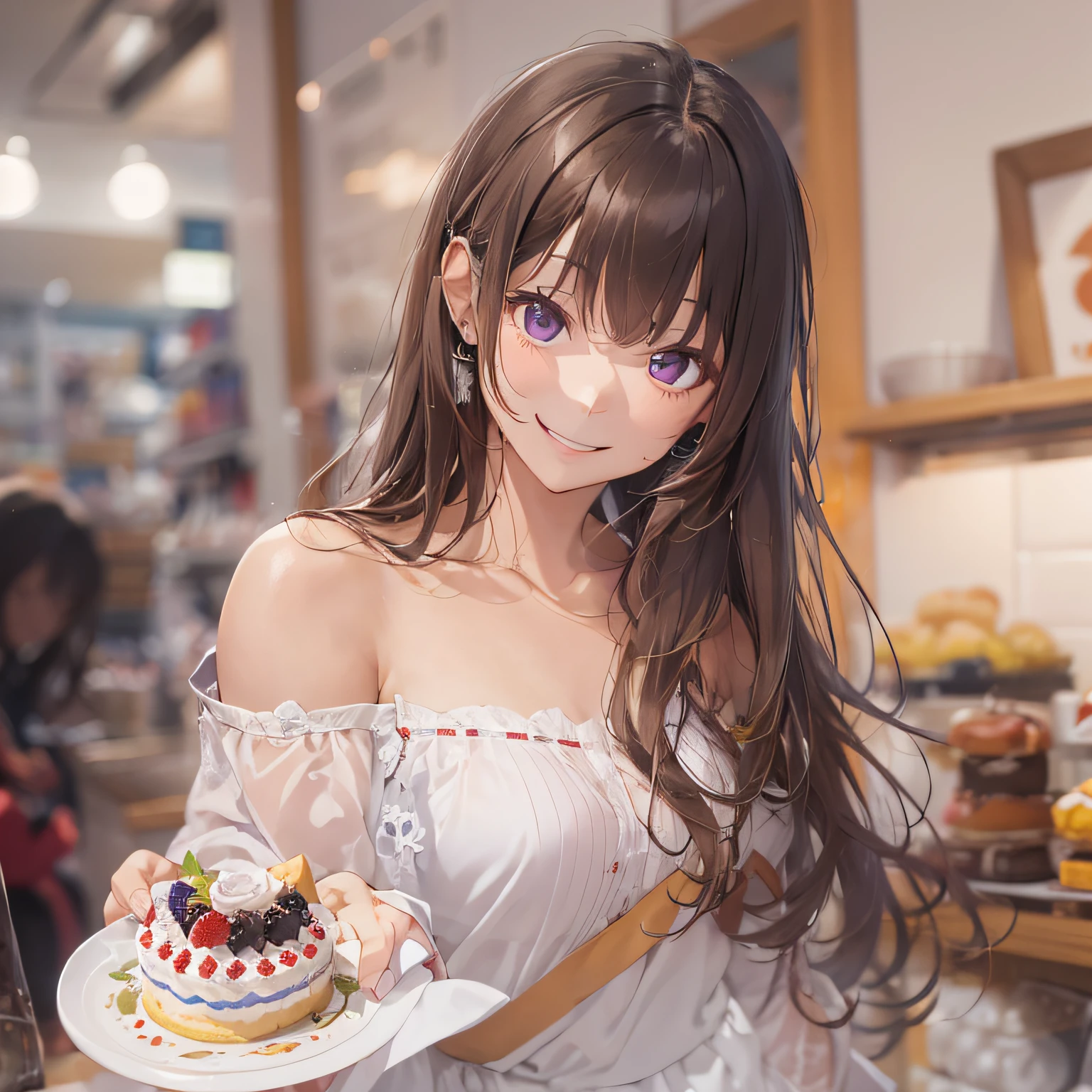masterpiece、top-quality、(brown colored long hair、I have bangs:1.1)、25 year old woman with purple eyes、Wearing a white off-the-shoulder blouse、(emphasis on the chest:1.1)、(Smiling expression:1.3)、(Staring:1.5)、(Close-up of the subject's face:1.3)、is standing、five perfect and beautiful fingers、Place the camera above the subject、The background is a cake shop、Bold composition、Upper body is shown、Alone