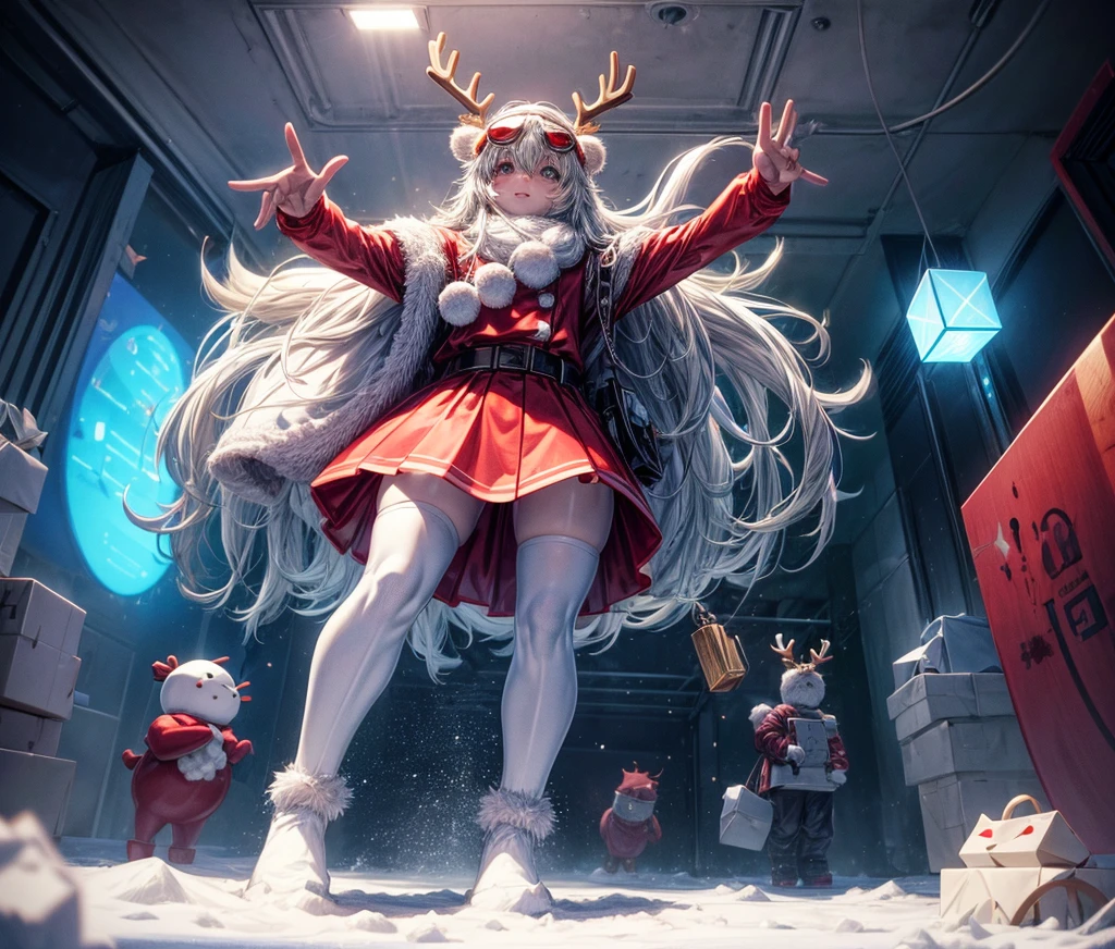 Reindeer, (blind box toy style:1.2), nuttcraker toy, (Full Body Shot) , 1 Transparent Santa claus, Behind him is a snowman and reindeer, snowflakes, Transparent mecha, Exquisite Helmet:1.2, glowing goggles:1.2, Cyberpunk, Dreamy Glow, Luminous neon lamp, clean, white background, ( Global illumination, raytracing, HDR, unreal render,reasonable design, high detailed, masterpiece, best quality, UHD, Cinematic Lighting)