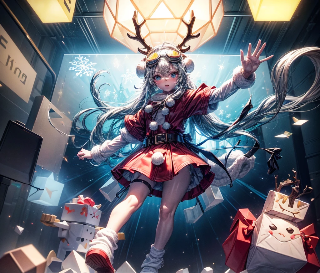 Reindeer, (blind box toy style:1.2), nuttcraker toy, (Full Body Shot) ,  1 Transparent Santa claus, Behind him is a snowman and reindeer, snowflakes, Transparent mecha, Exquisite Helmet:1.2, glowing goggles:1.2, Cyberpunk, Dreamy Glow, Luminous neon lamp, clean, white background, ( Global illumination, raytracing, HDR, unreal render,reasonable design, high detailed, masterpiece, best quality, UHD, Cinematic Lighting)