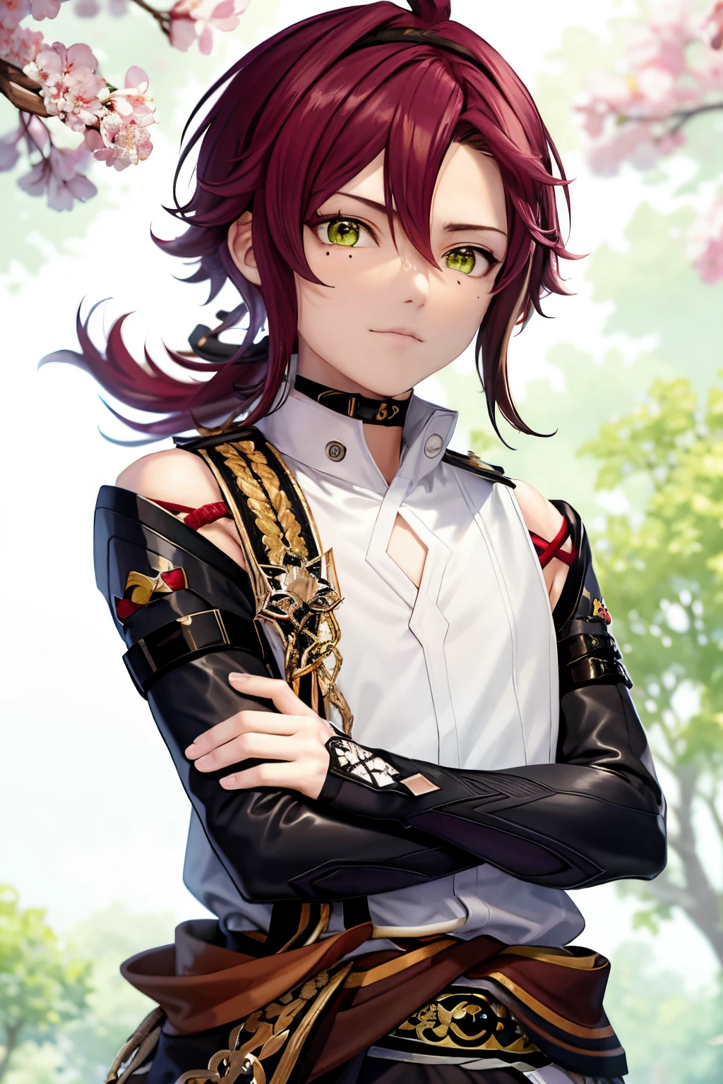 masterpiece, best quality,Shikanoin Heizou (genshin impact), 1boy, male focus, kurokote, green eyes, kote, multicolored hair, mole under eye, red hair, solo, mole, black choker, japanese armor, looking at viewer, choker, armor, streaked hair, aiguillette, sleeveless, ahoge, long hair, low ponytail,(kbxll:0.6)