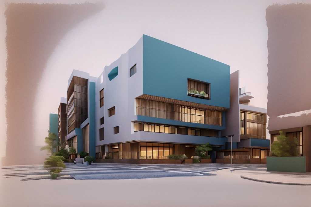 Realistic images, extremely detailed, a modern house, 1 road in font of house, large yard made by ceramic, (1 car), brick fence, lawn, a few small flowers, a road in front of the house, main materials of the house are white walls and red brick, Modern design, clear blue sky, sunrise light, light from inside, dynamic light,shimering light, cinematic light, romantic feeling, (((day light, warm light))), (((warm light indoor 0.5))).