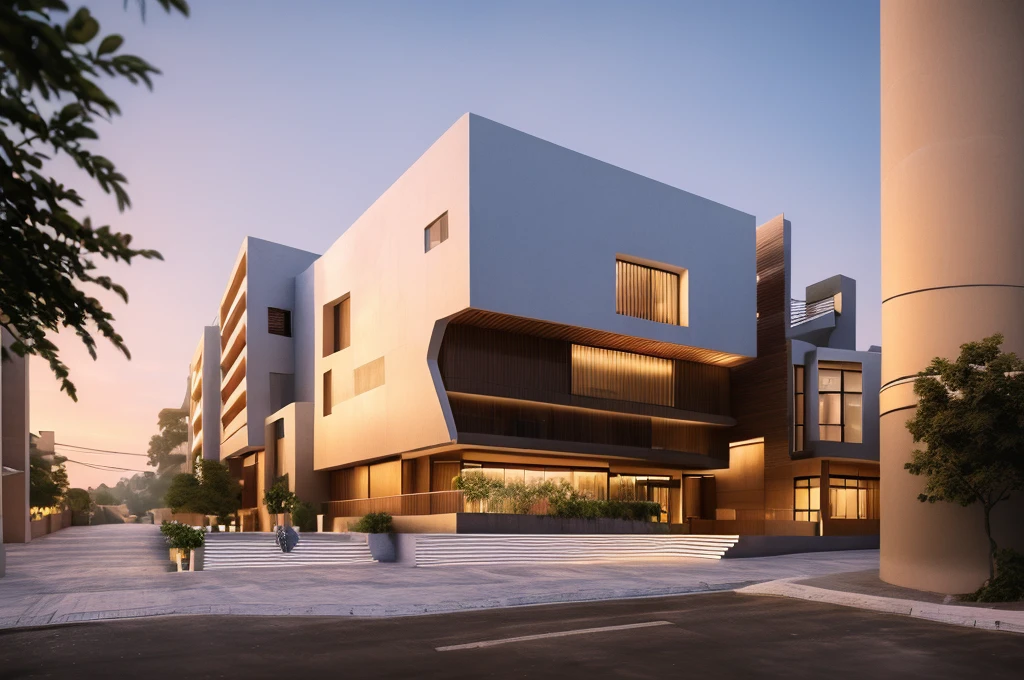 Realistic images, extremely detailed, a modern house, 1 road in font of house, large yard made by ceramic, (1 car), brick fence, lawn, a few small flowers, a road in front of the house, main materials of the house are white walls and red brick, Modern design, clear blue sky, sunrise light, light from inside, dynamic light,shimering light, cinematic light, romantic feeling, (((day light, warm light))), (((warm light indoor 0.5))).