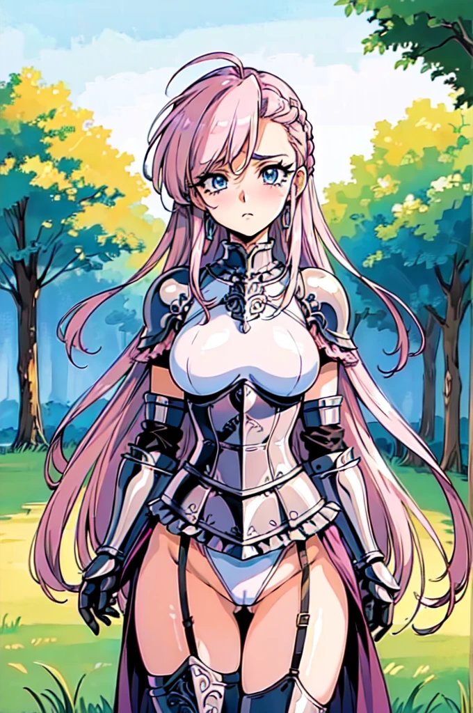 "(masterpiece:1.1), best quality, NSFW,
1girl, (80s anime style:1.3), (eyelashes:1.5), (:1.2),
(intricate high detailed body:1.2),
(pink hair:1.1), (hair slicked back:1.2), (long hair, french braid:1.1),
blue eyes, (thick eyebrows:1.1),
(slim body:1.1), (huge breasts:1.1),
(shy:1.2), (blush:1.1),
(string leotard armor, corset:1.2), (garter belt:1.2),
(knight armor, armored boots, capelet:1.2), (frill:1.1), (hoop earrings:1.1), collar,
standing,
(upper body, cowboy shot, looking at viewer, from front:1.1),
(daytime, grassland, outdoors:1.2)"