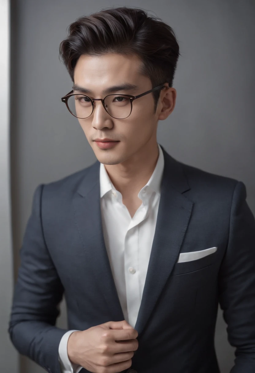 Portrait of a man in a suit, young handsome korean man, with Rayban glasses, Elegant and charismatic, Has a stage backdrop, Digital SLR, monochrome, S1000 series, C3, half body photoshoot