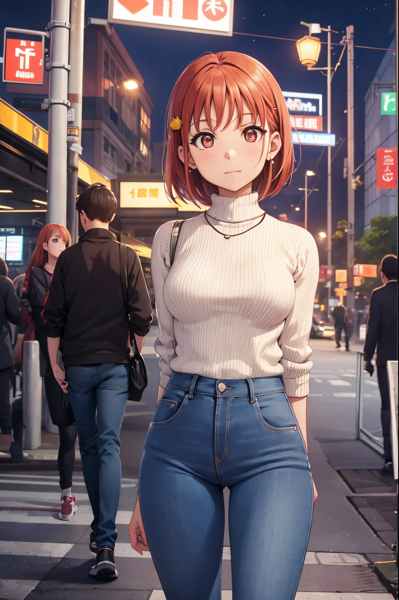 Takami chika, night, train station, tight jeans pants,sweater top,arms behind back, short hair, hair ornament, crotch lines, standing ،yearning