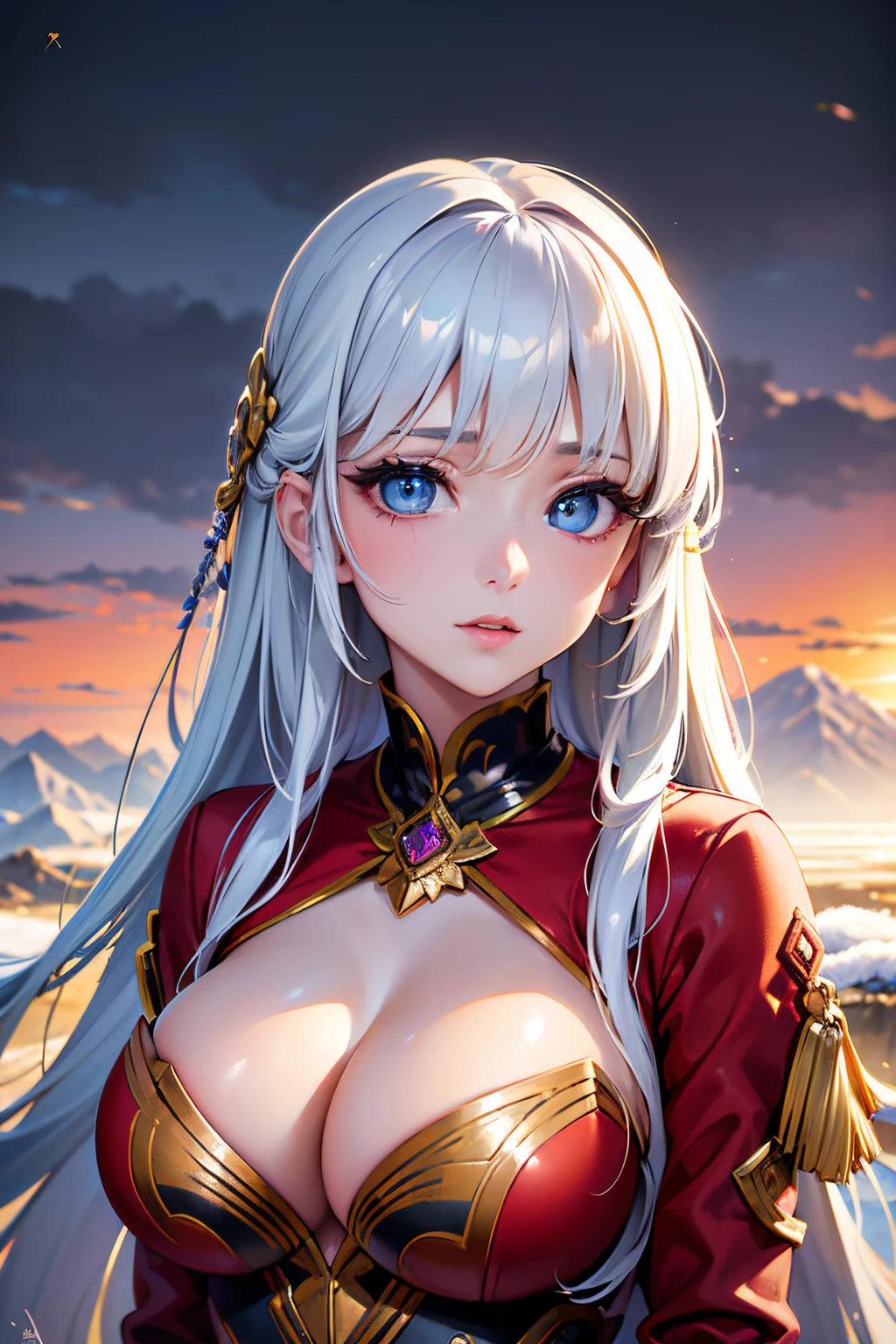 1 girl, (extreme skin luster: 1.4), (extreme light and shadow changes), (gorgeous costume: 1.5), (detailed face and eyes: 1.3), (shiny colored eyes: 1.5), intricate hair decoration.

The young girl in the painting is dressed in a red robe, as if her snow-white face is more delicate under the lining. She slightly tilts her head and her gaze is calm, as if she is thinking about something. The mountains and the sky in the background are finely depicted, making the whole painting look more realistic.

(realism: 1.3), (extreme complexity: 1.2), (realistic photo: 1.3), (surrealism: 1.4), volumetric lighting, cinematic lighting, cinematic effects, portrait of a girl.