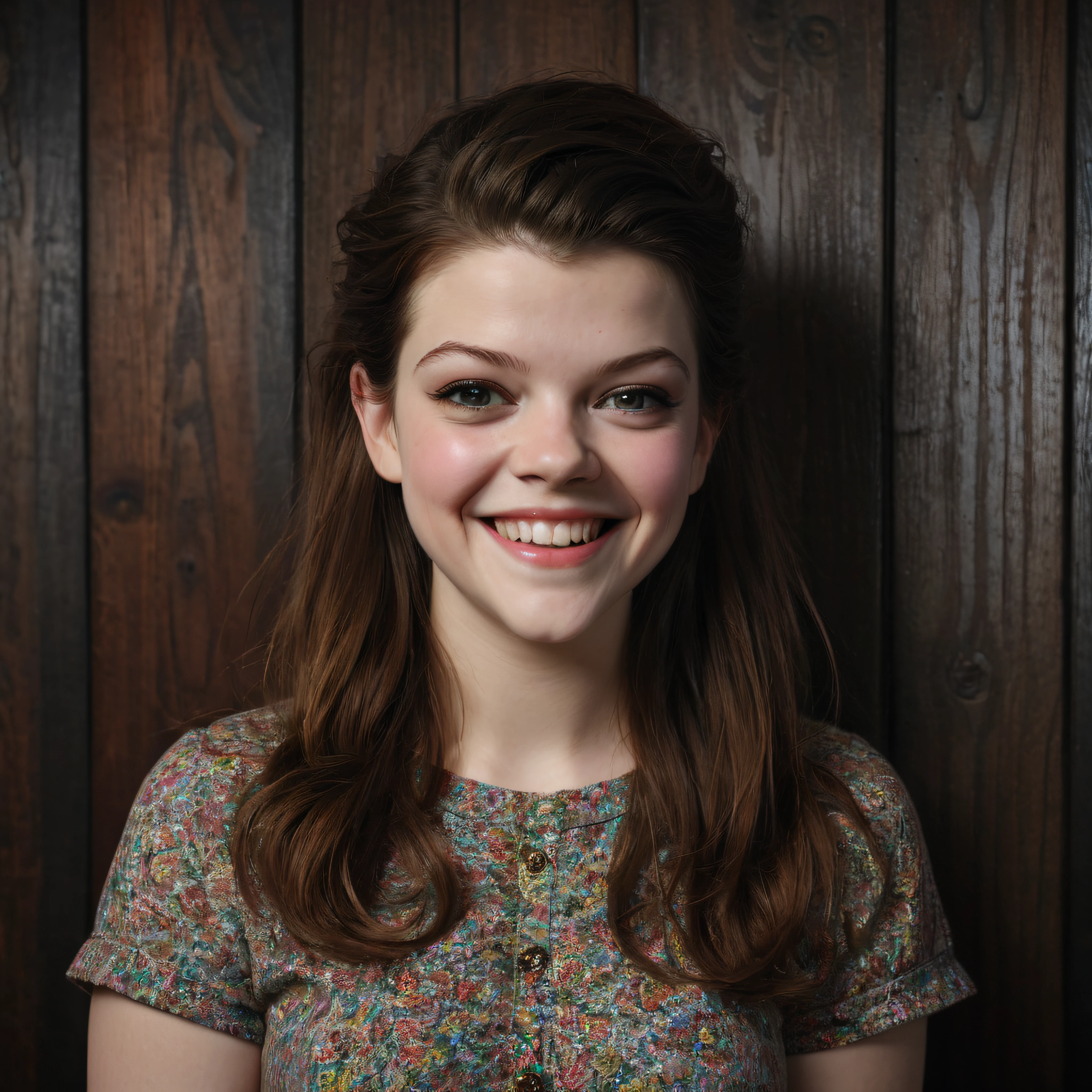 Georgie Henley, smiling a big, toothy smile, close-up, facial portrait, a dark, stained wood panel wall in the background, professional quality digital photograph, 32k UHD, hyper realistic, photorealistic, realistic, extremely colorful, highly detailed, sharp, vibrant, masterpiece, best quality, intricate details, gorgeous, cinematic, vibrant, focused, clear